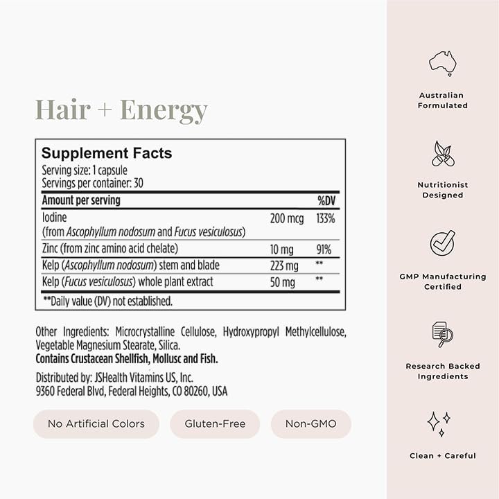 JSHealth Vitamins Hair and Energy Formula - Hair & Scalp Support Supplement with Iodine and Zinc - 30 Capsules