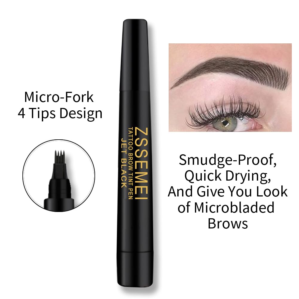 Waterproof Eyebrow Pen - Microblading Tattoo Brow Pencil, 24 Hours Long Lasting, Creates Natural Looking (Jet Black - 2 PCS)