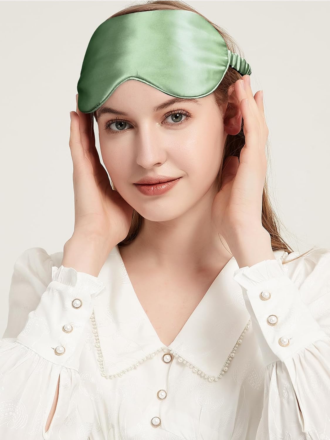 100% Mulberry Silk Eye Mask for Sleeping with Silk Wrapped Adjustable Strap,Sage Green