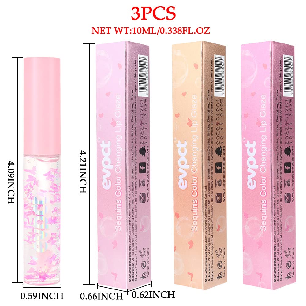 evpct 3Pcs Clear Color Changing PH Tinted Lip Gloss Sets for Women, Pink Mood Lip Oil Gloss Balm Tint Stain Glaze Pack Hydrating 0.34 fl.oz *3
