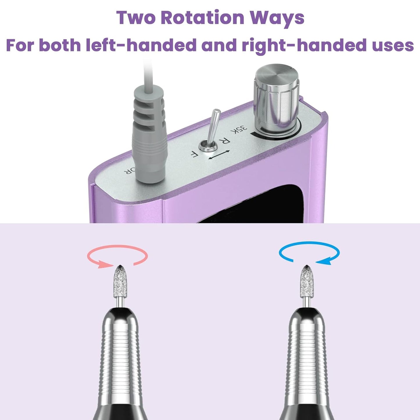 Delanie Professional Nail Drill High Torque 35000 RPM Rechargeable Portable Electric Nail File Filer for Acrylic Gel with Cuticle Bits, Salon Manicure Tool, Purple