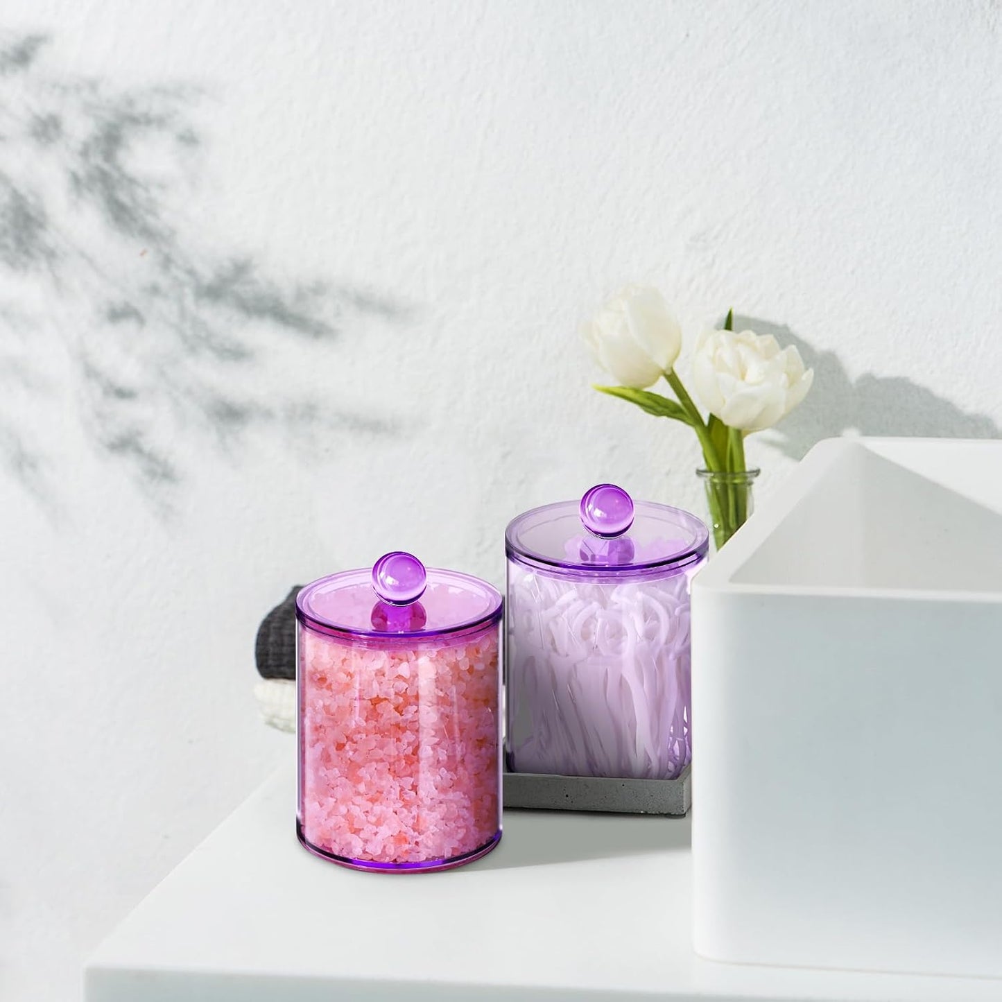 4 Pack Qtip Holder,Canister Apothecary Jar Set, Bathroom Jars with Lids Set for Cotton Swabs, Balls, Pads, Floss Picks,10oz-12oz Plastic Canisters Restroom Bedroom Vanity Organizer(Purple)