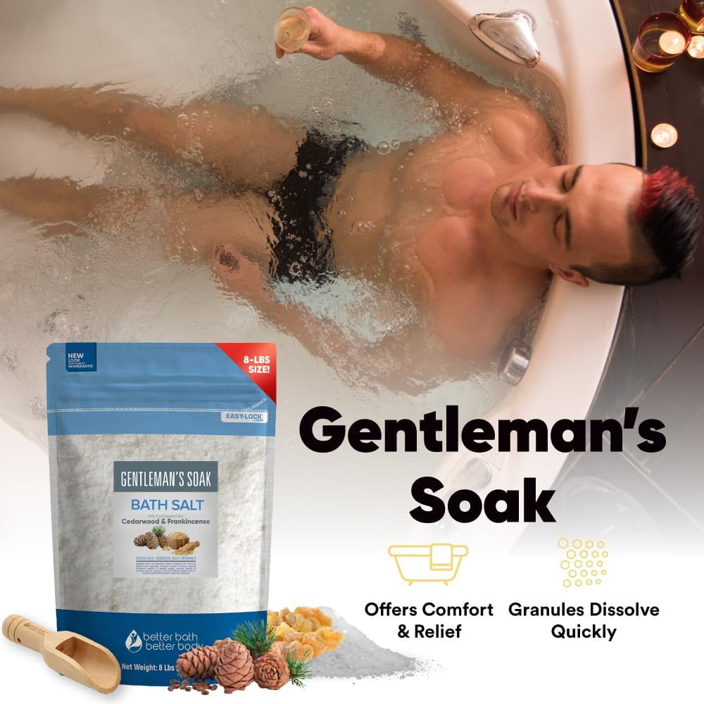 Gentleman's Bath Salt 128 Ounces Epsom Salt with Natural Cedarwood, Frankincense, Eucalyptus and Peppermint Essential Oils Plus Vitamin C in BPA Free Pouch with Easy Press-Lock Seal