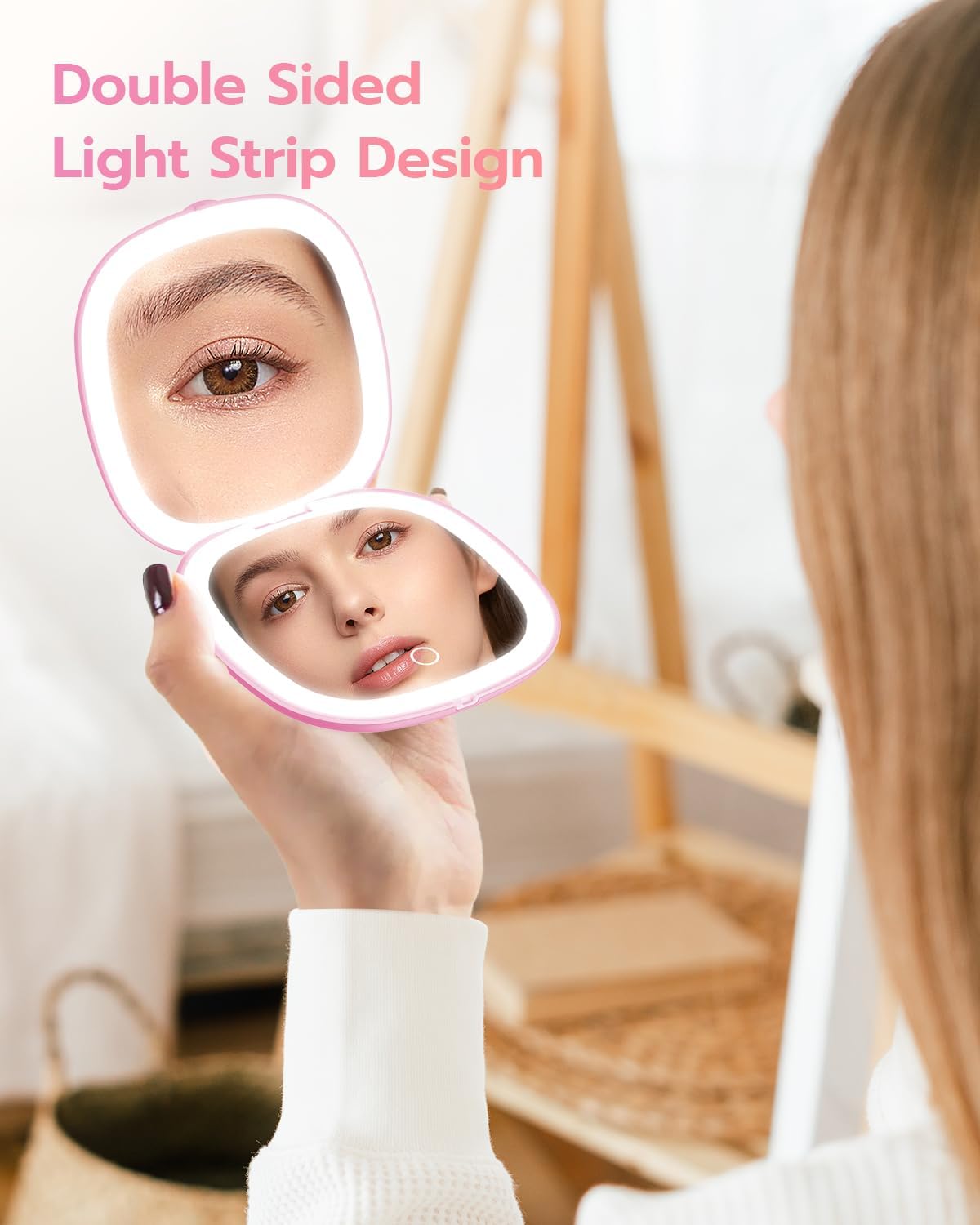 Benbilry 3.9" Rechargeable Compact Makeup Mirror with 3 Light Colors and Magnification 1X / 10X, Double Light Strip Dimmable Small LED Travel Mirror for Purse, Pink