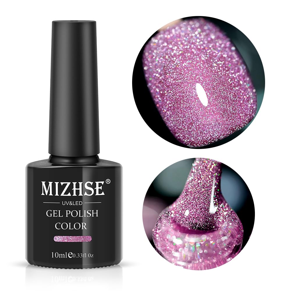 MIZHSE Reflective Purple Gel Nail Polish, Glitter Gel Polish Sparkly Shiny Effect, Soak Off Nail Art Varnish Manicure DIY at Home