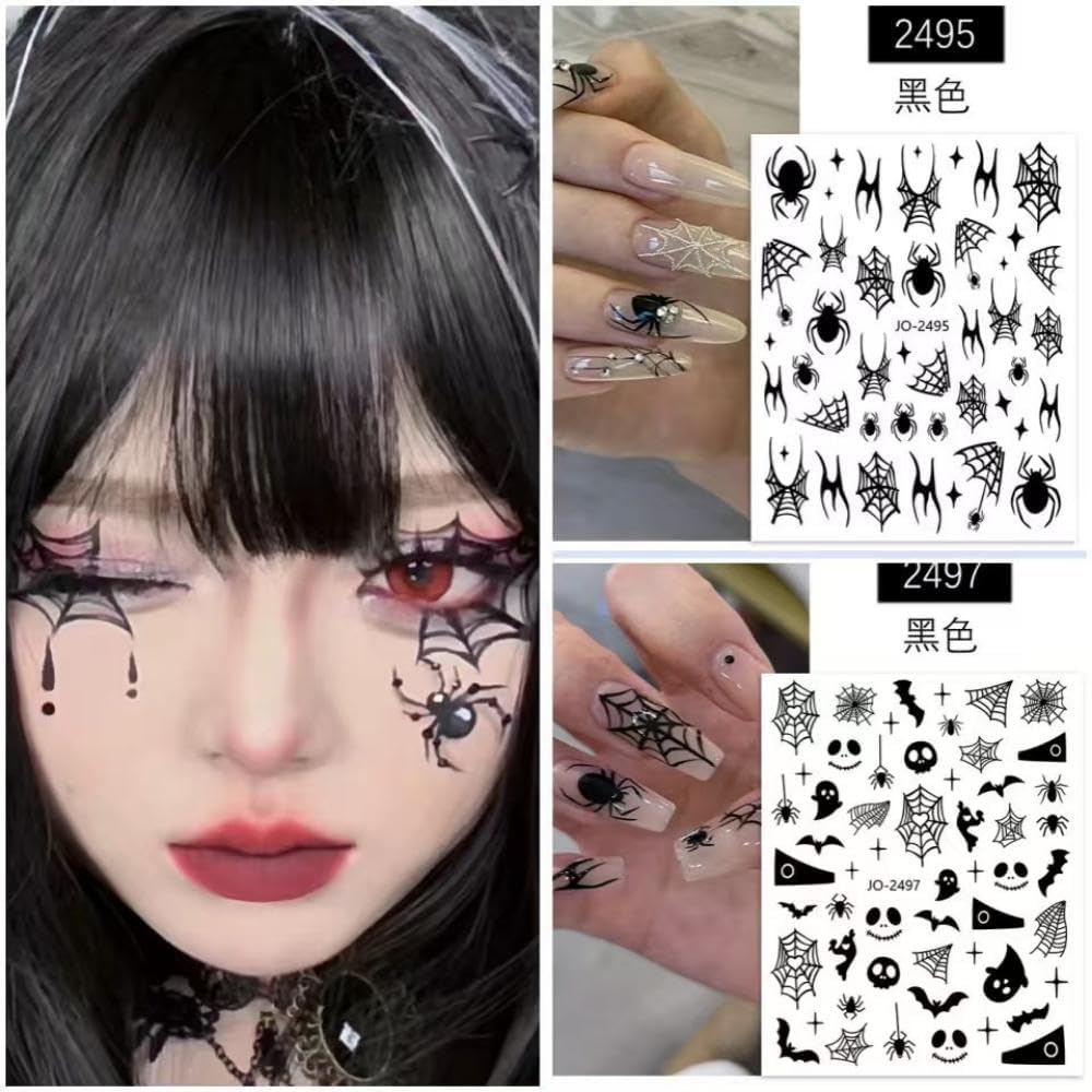 12 Sheets Halloween Stickers Spider Web Nail Art Decals 3D Self-Adhesive Halloween Decor Nail Supplies Charm Sticker Ghost Skull Bat Nail Art Stickers for Women Kid Girls Halloween DIY Decoration