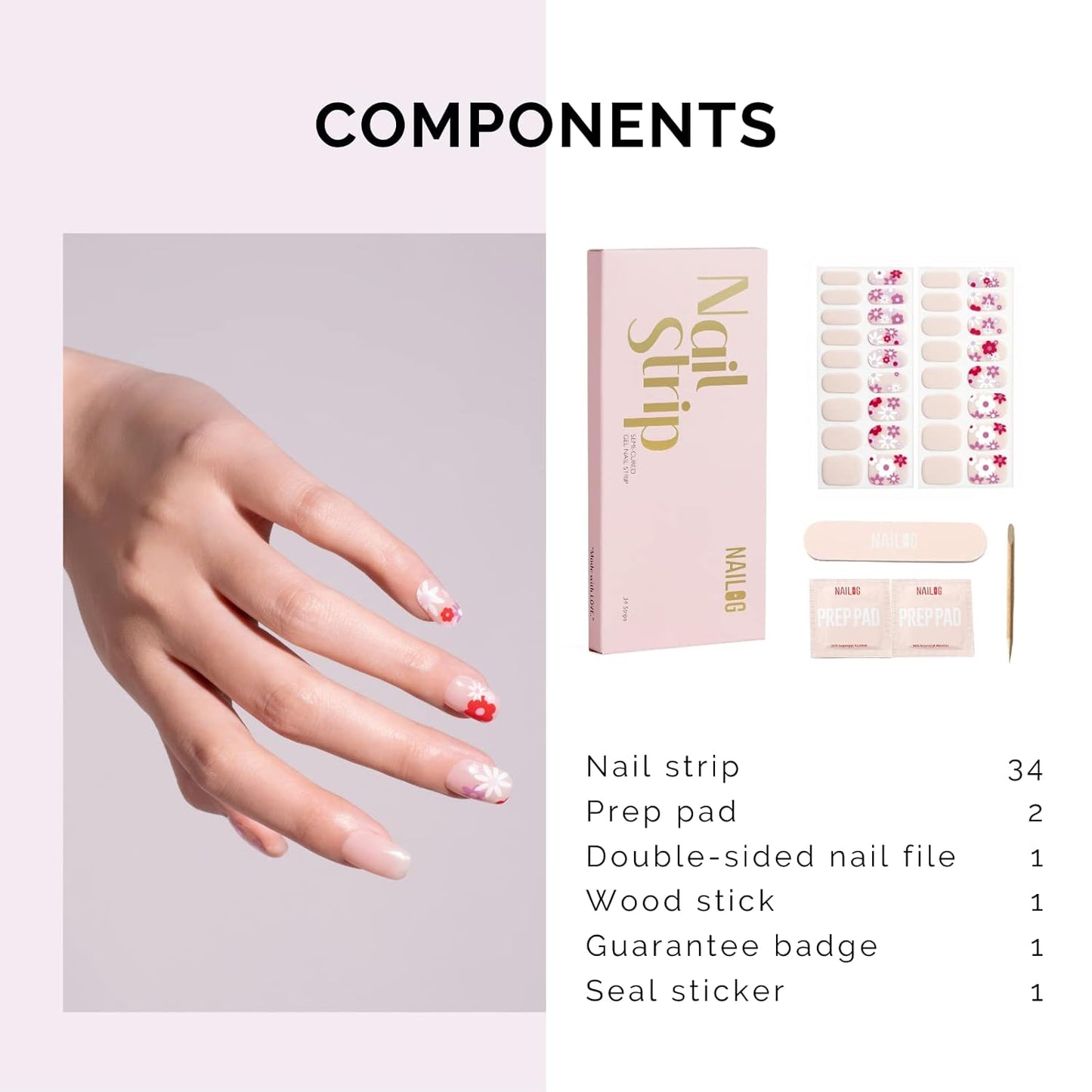 Nailog Semi Cured Gel Nail Strips 34 pcs | Long Lasting Nail Polish Sticker Wraps with Glossy Gel Finish (Florid)