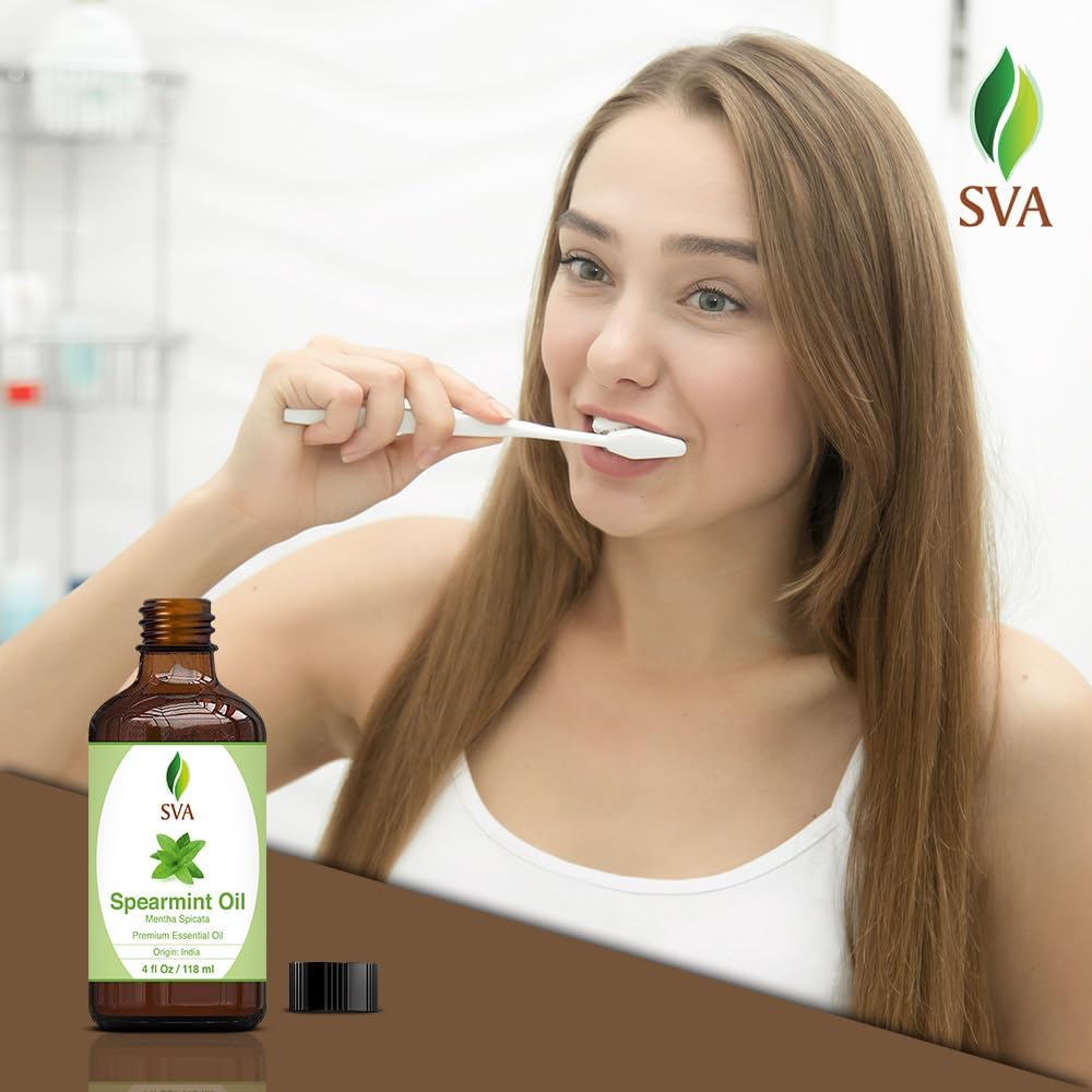 SVA Spearmint Essential Oil – 4 Fl Oz – 100% Natural Spearmint Oil - for Diffuser, Hair Care, Face, Skin Care, Aromatherapy, Scalp and Body Massage, Soap and Candle Making – with Dropper