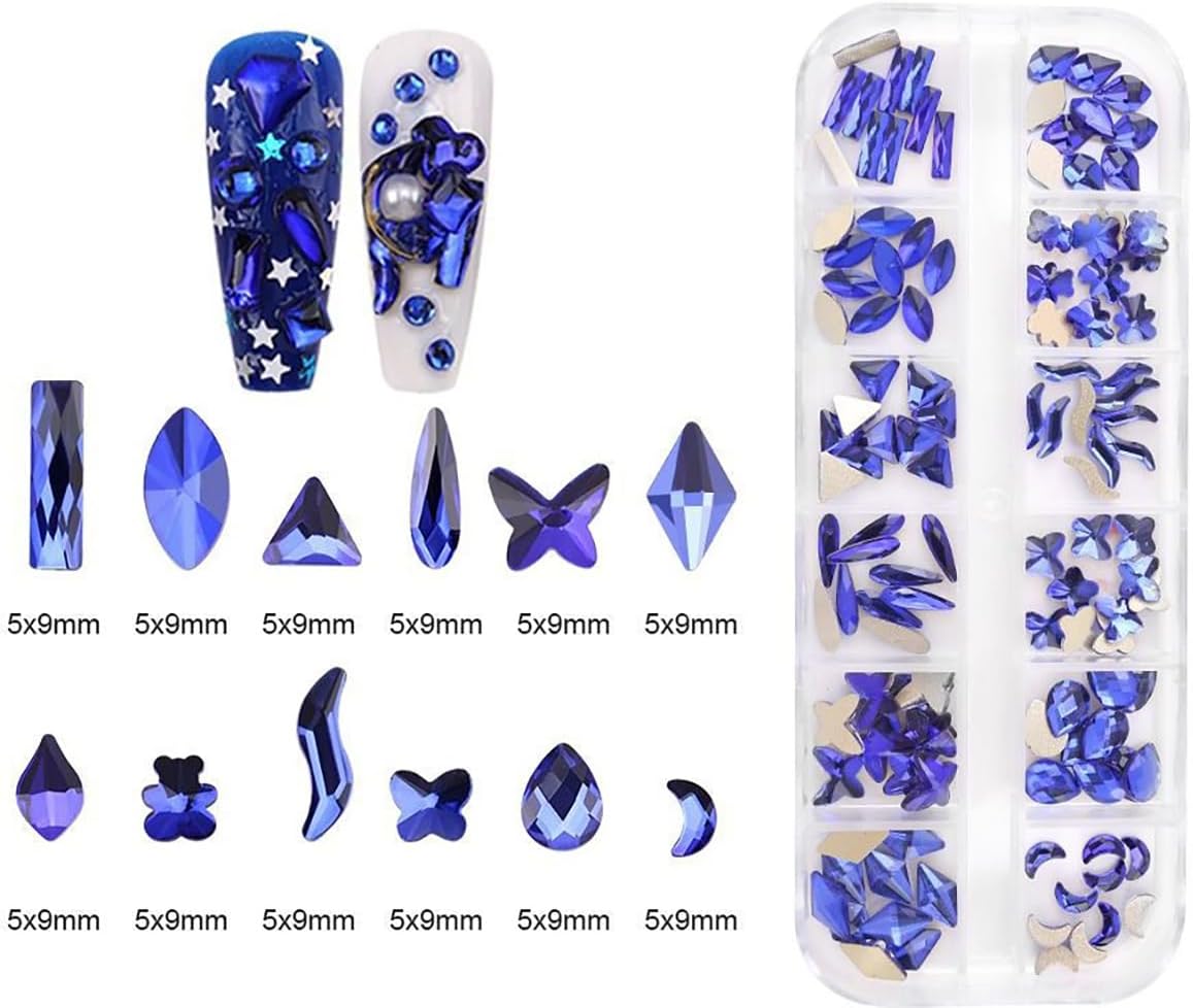 120pcs Flatback Rhinestones Glass Charms Diamantes Gems Stones for Nail Art Box Multi Shapes Sapphire