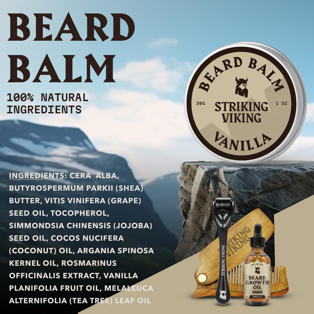 Striking Viking Beard Oil and Balm - Leave in Beard Conditioner - Tames, Styles, Softens, and Moisturizes Beards and Mustache - Made with All Natural and Organic Argan and Jojobo Oils, Vanilla