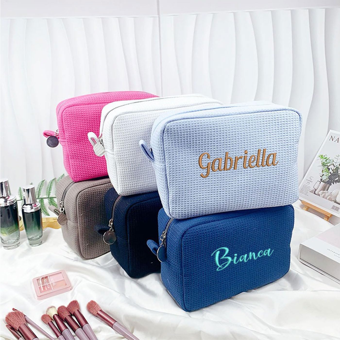 Personalized Embroidered Makeup Bag,Custom Waffle Fabric Cosmetic Pouch for Women, Travel Makeup Pouch (1, Gray)