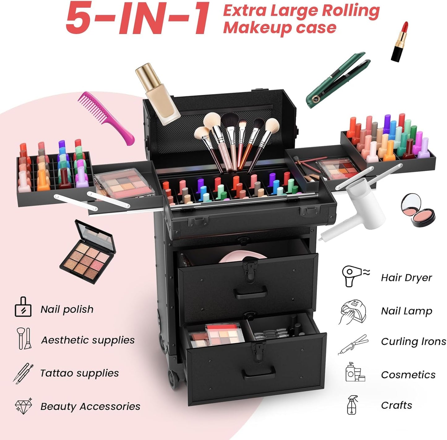 Large Rolling Makeup Train Case, Professional Travel Cosmetology Case on Wheels with Drawers, 3 Tiers Nail Organizers Storage Case for Nail Tech, Tattoo, Hairstylist, Makeup, Extra Large