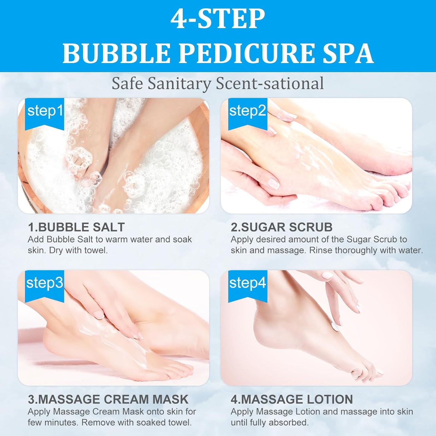 Pedicure Kit Foot Soak Set: Bubble Salt, Sugar Scrub, Massage Mask, Massage Lotion in a Box, 4 Step Foot Spa Kit for Dry Feet, Calluses and Tired Feet(3 Set Pacific Waves)