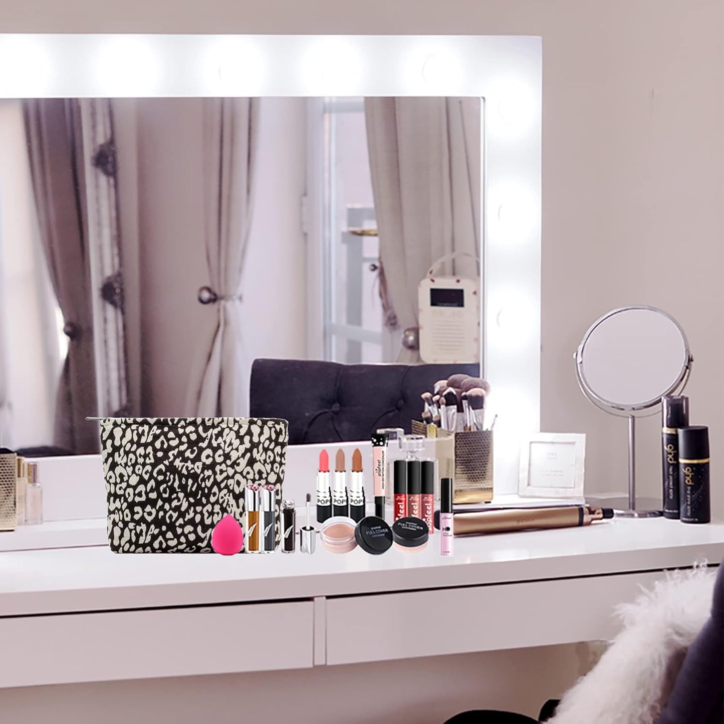 Makeup Bags for Purse Zipper Cosmetic Pouch Large Travel Canvas Make Up Organizer Tool Pouch for Women and Girls,Leopard Black