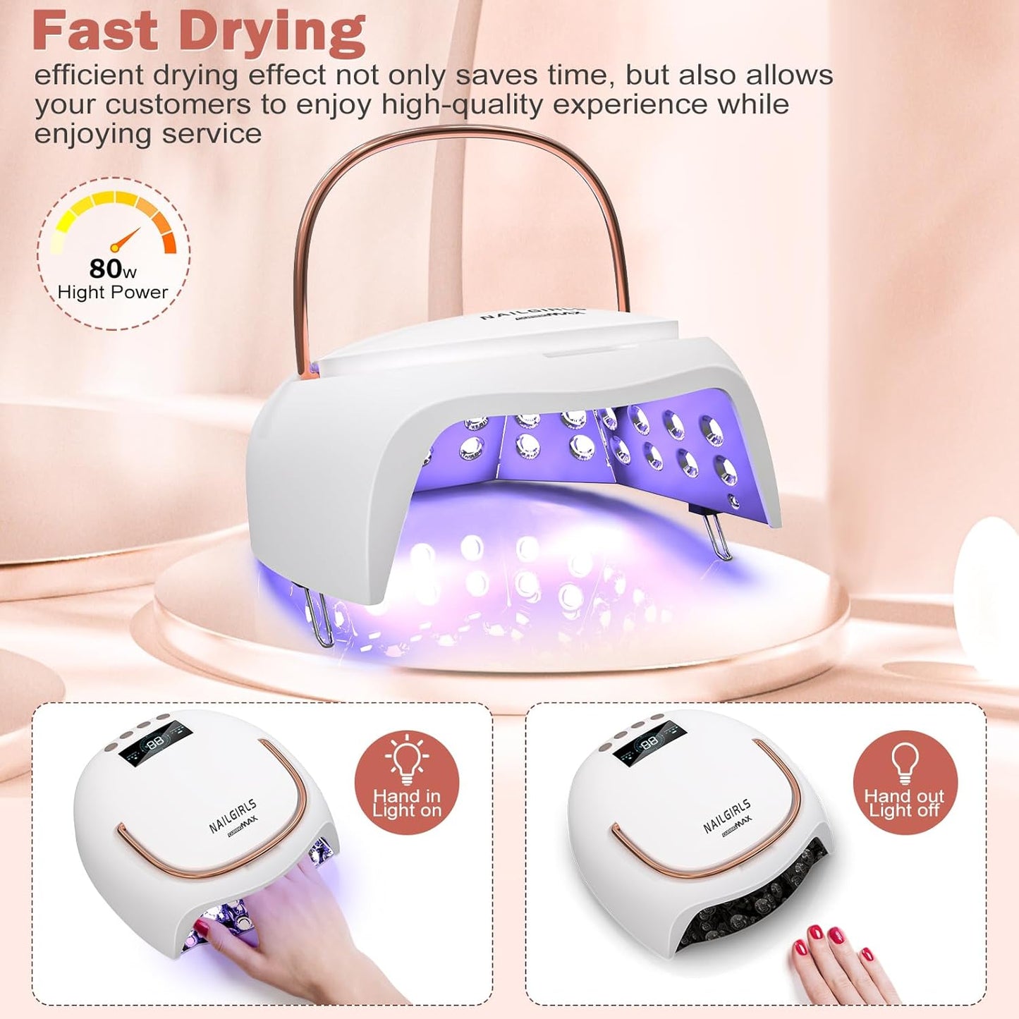 NAILGIRLS UV Nail Lamp, Cordless Nail Lamp 80W Rechargeable Nail Dryer Gel Polish Light, Intelligent Auto Sensor LCD Display UV Light with 4 Timer Setting, Fast Dry Curing Lamp for Professional Salon