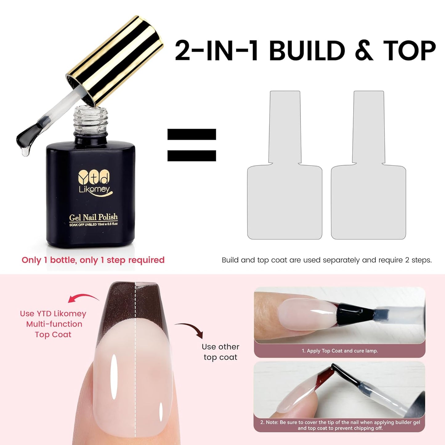 YTD Likom Gel Nail Polish Nail Glue and Builder Gel Top Coat Set,for False Nail Tips Press On Nails,15ml 2-in-1 Multi-Function Top Coat,Strong Adhesive Protect Acrylic Nails