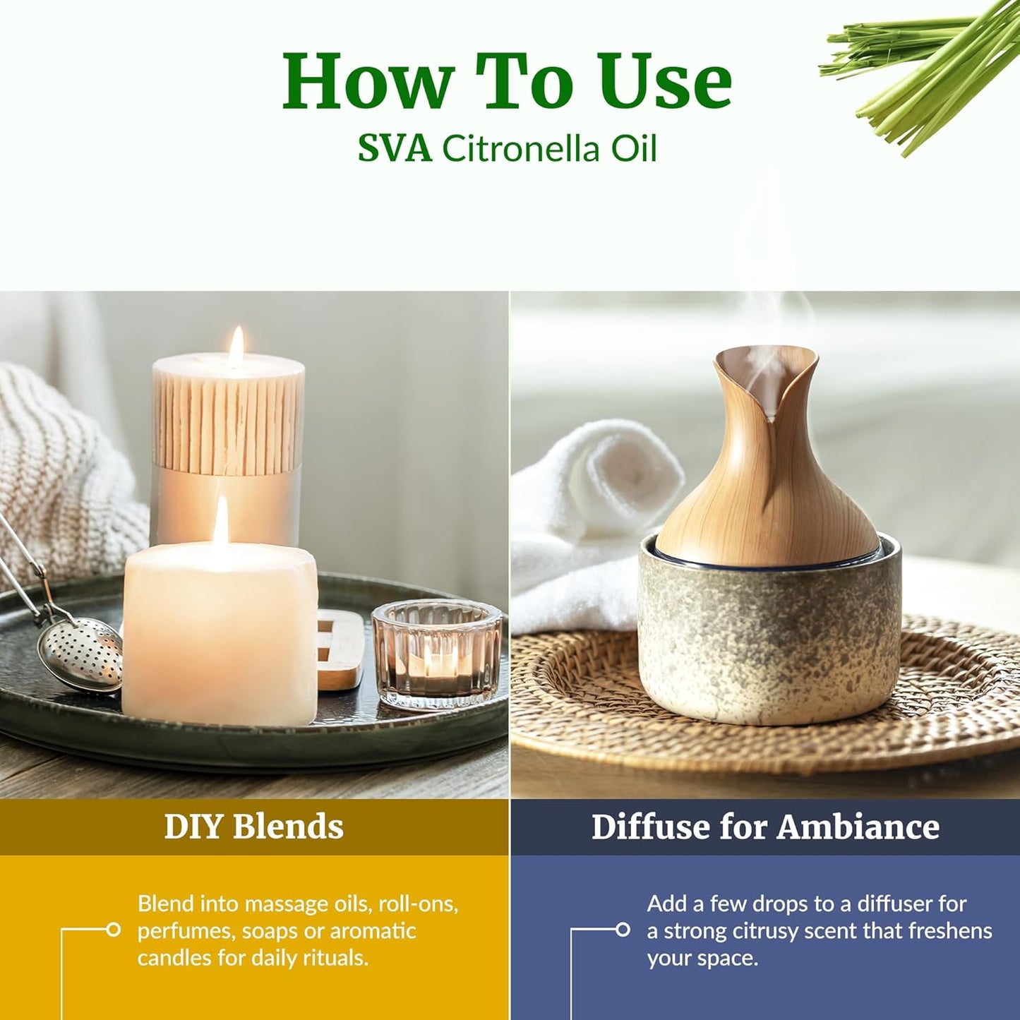 SVA Citronella Essential Oil – 4 Fl Oz – 100% Natural Citronella Oil - for Diffuser, Hair Care, Face, Skin Care, Aromatherapy, Scalp and Body Massage, Soap and Candle Making - with Dropper