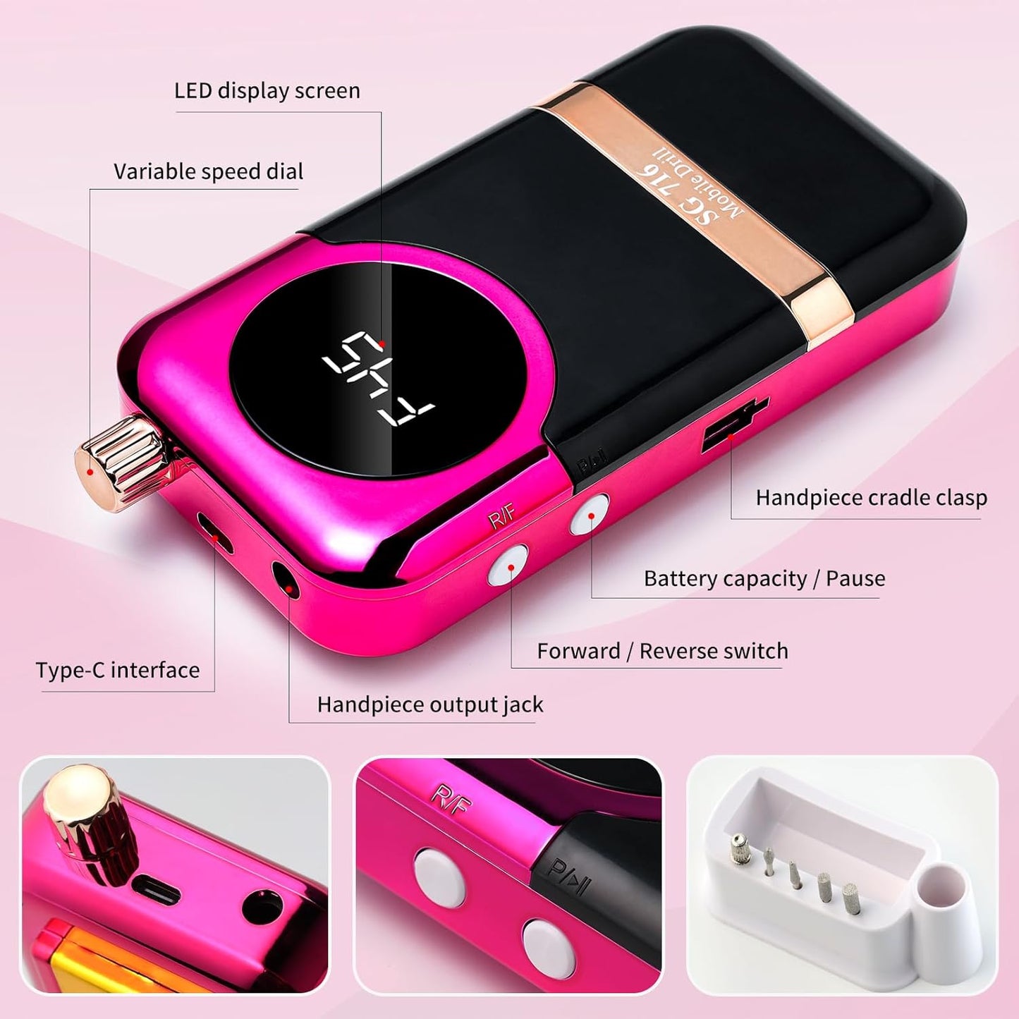 Electric Nail Drill Professional Kit - 45000RPM Electric Nail File Efile Portable Nail Drill Cordless with Bits & Base,E File Machine Nail Grinder for Women (Rose Red)