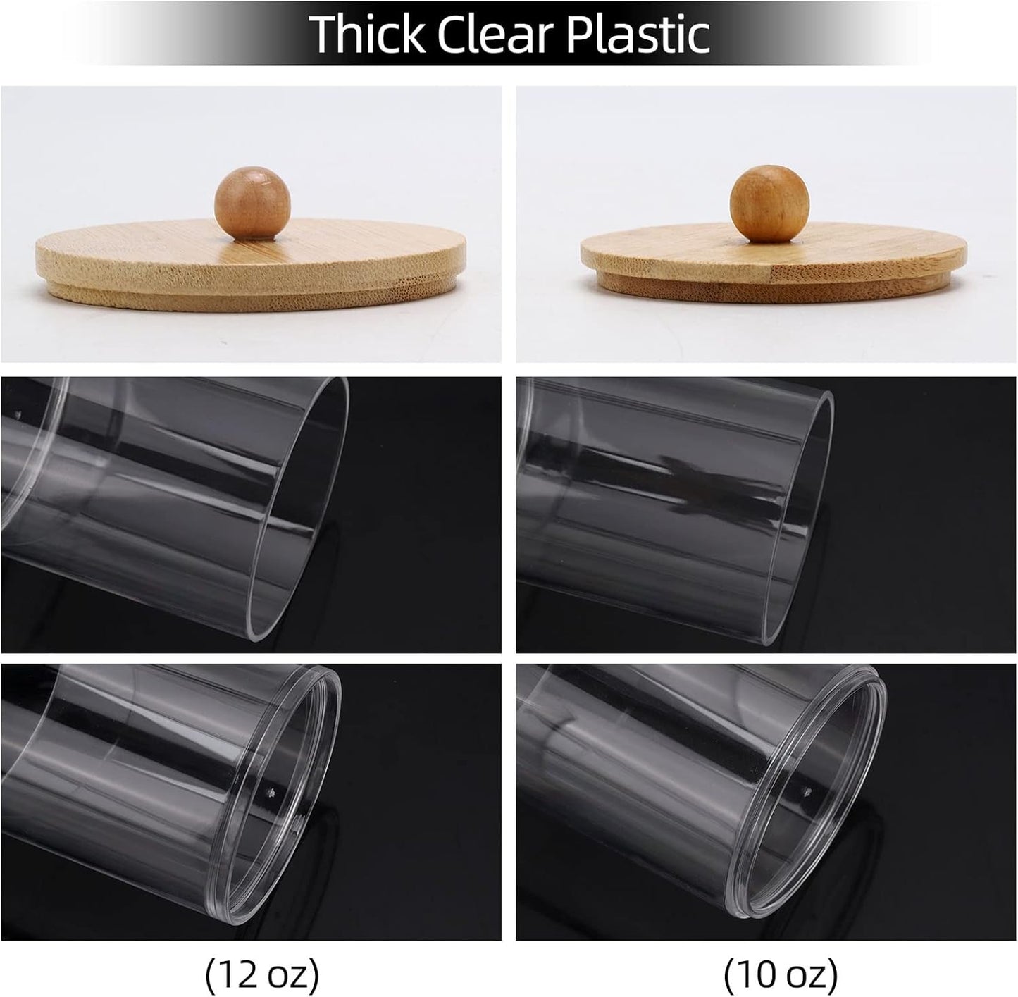 Tbestmax 4 Pack Qtip Holder Dispenser Cotton Ball, Cotton Swab, Floss - 12oz, 10 oz Clear Plastic Apothecary Jars for Bathroom Organizer and Storage Containers (Bamboo Lids)