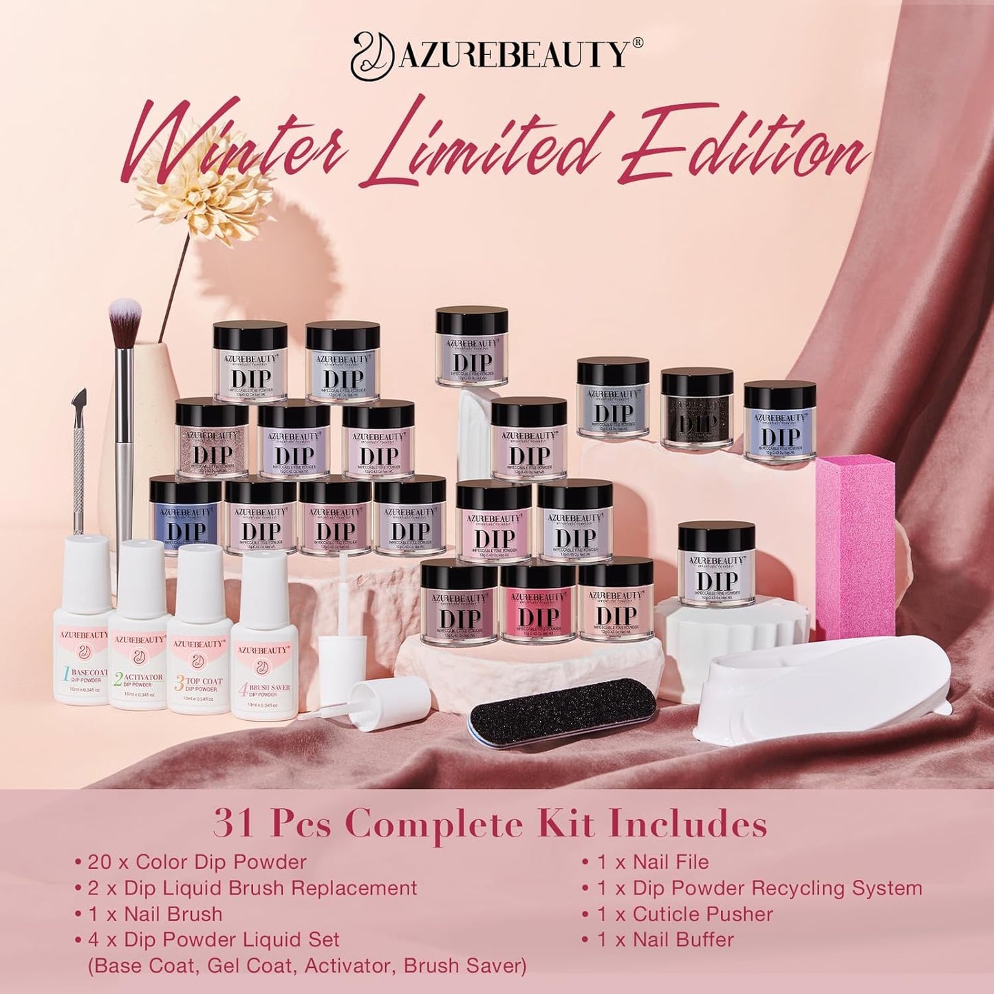 AZUREBEAUTY 31 Pcs Dip Powder Nail Kit Starter All Season 20 Colors Glitter Nude Gray Acrylic Nail Dip Powder System Essential Liquid Set for French Nails Art Manicure DIY Salon Gift for Women