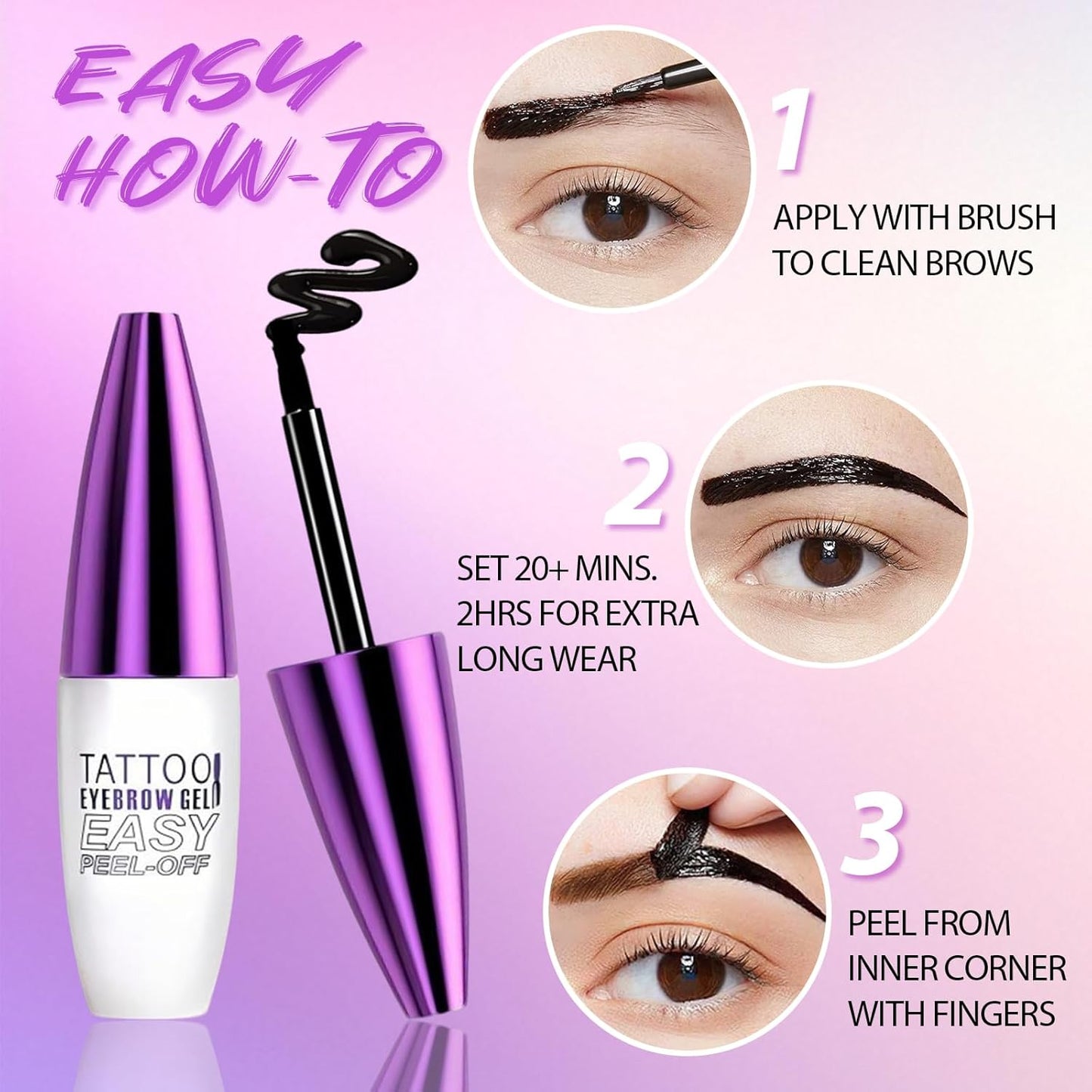Tattoo Eyebrow Gel Easy Peel Off, Waterproof 3-Day Long-Lasting Brow Stain, Semi-Permanent Peel Off Brow Color Gel for Sparse Brows, Transfer-proof, Natural Color for Fuller Defined Brows (Black)