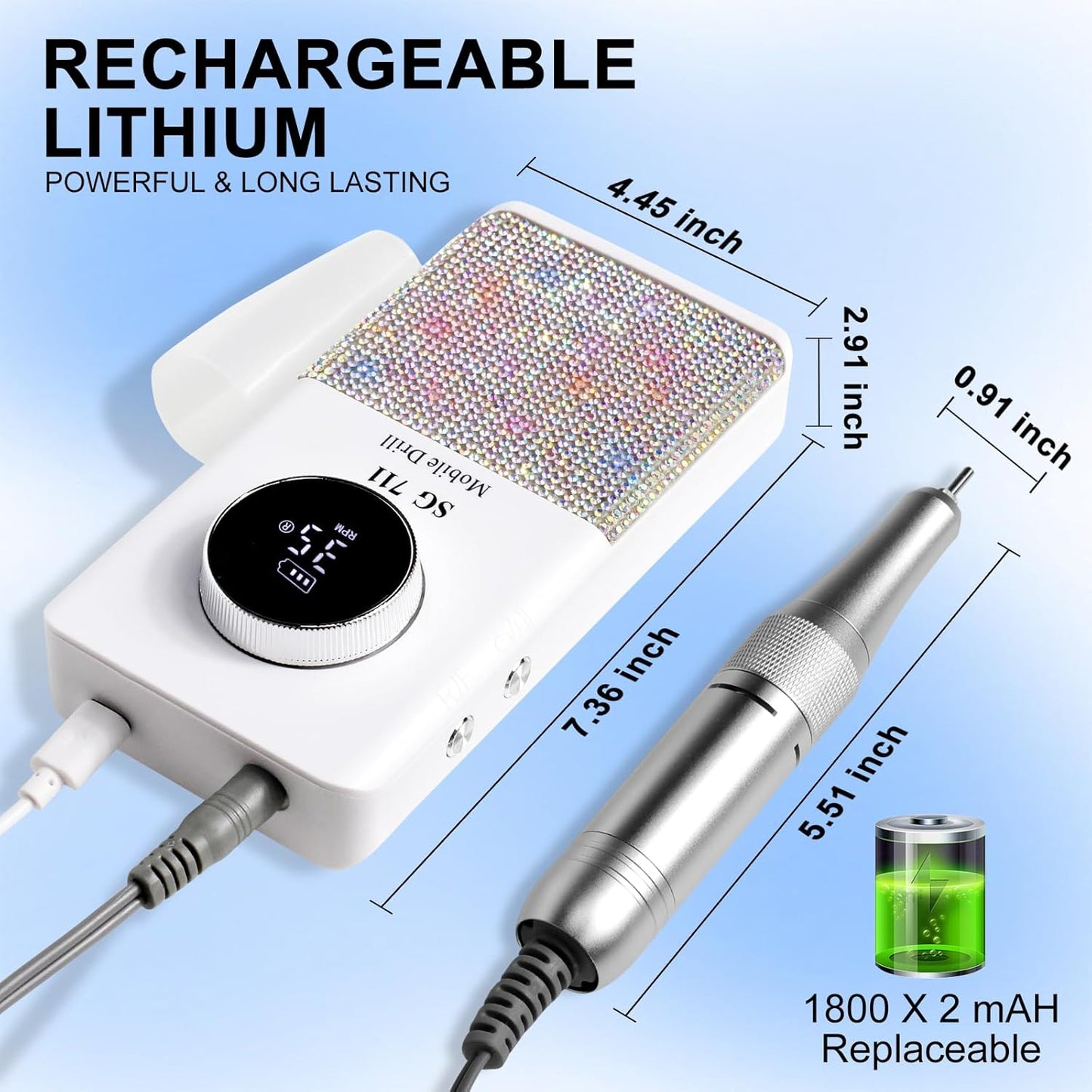 Professional Electric Cordless Nail Drill File:Glitter Portable Cordless E-File Nail Drill Kit with13 Drill Bits 45000RPM Rechargeable Nail Drills Machine for Acrylic Nails Gel Polishing (White)