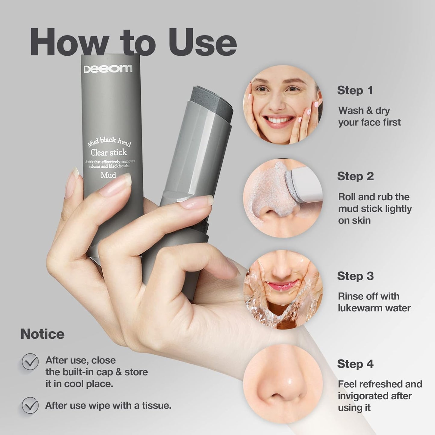 Deeom Blackhead Remover Stick - Blackhead Extractor, Charcoal Face Mask for Blackheads & Whiteheads, Oil Control, Sebum Absorption & Pore Cleansing, Natural Exfoliator, 14g