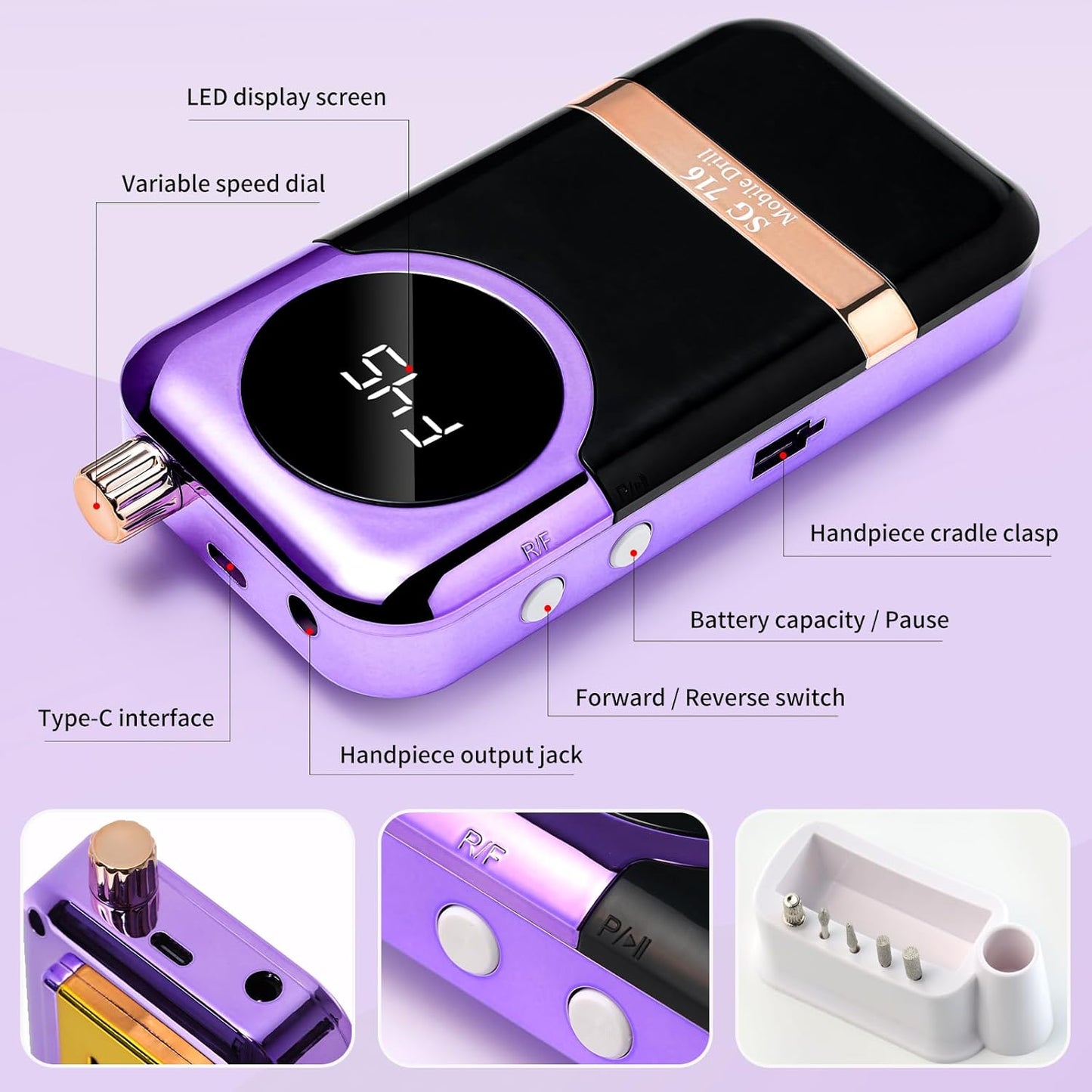 Electric Nail Drill Professional Kit - 45000RPM Electric Nail File Efile Portable Nail Drill Cordless with Bits & Base,E File Machine Nail Grinder for Women (Purple)