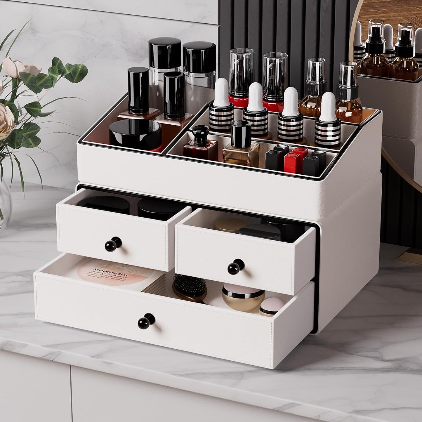 GORESE Leather Makeup Organizer with Drawers for Vanity, Stackable Skincare Holder Dresser Organizer Countertop, Make Up Storage Organizers Counter Cosmetic Display Case Gifts for Women(Cream White)