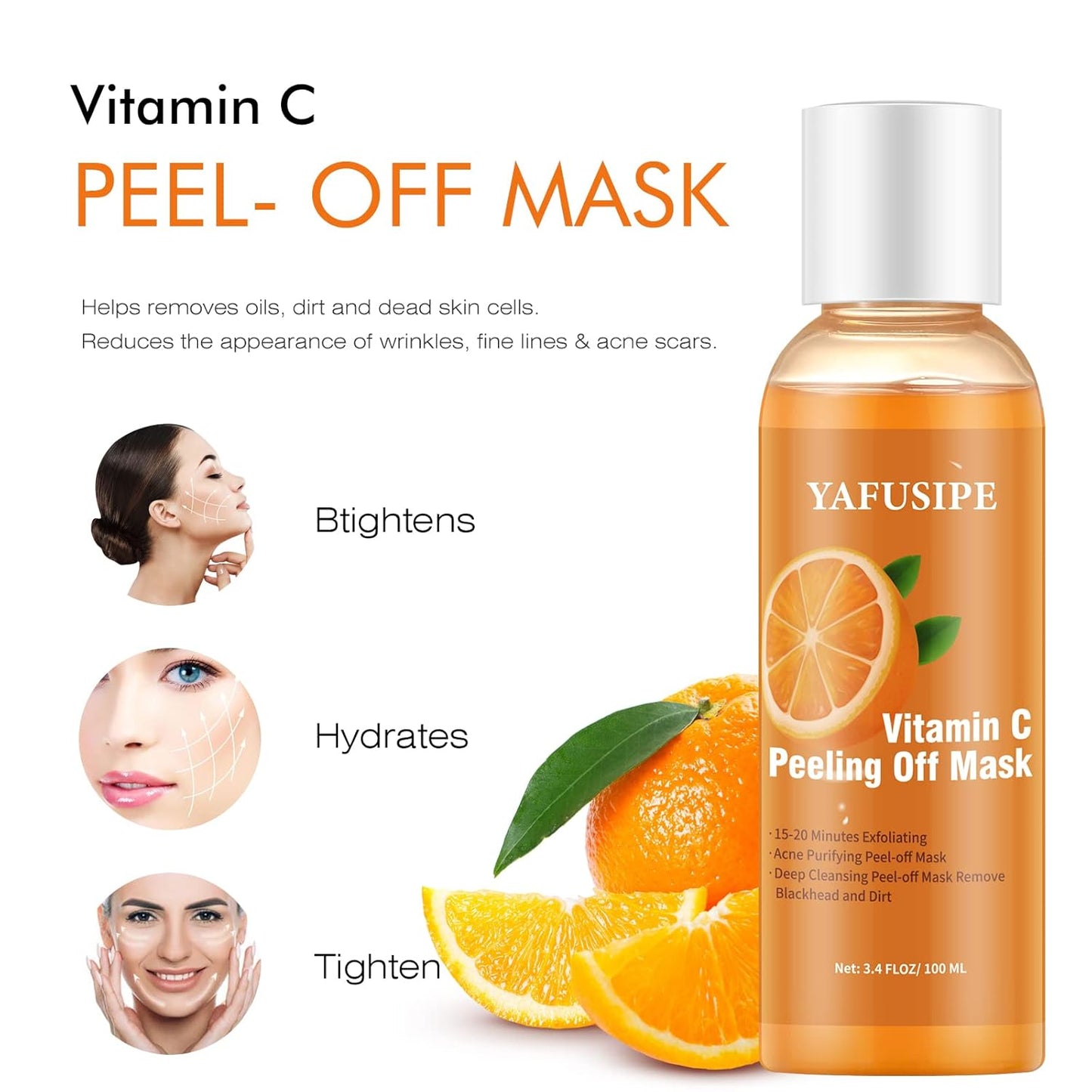 Peel Off Face Mask Vitamin C Peel Off Masks, Blackhead Mask Orange Peeling Lotion Gentle Exfoliating Blackhead Remover Poreless Deep Cleanse Purifying Hand Masks for Face Arms Neck Gifts 3.4 FLOZ