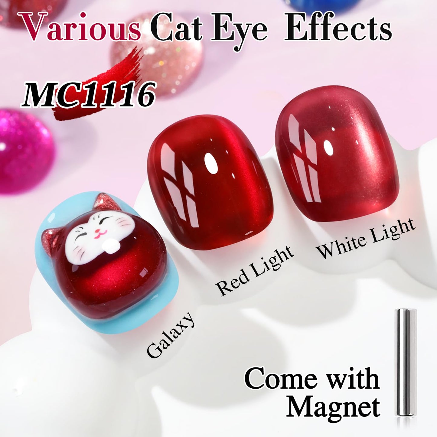 Double Rhythm Jelly Glass Cat Eye Gel Polish with Magnet 15ML Holographic Glitter Shimmer Translucent Sheer Color Magnetic Nail Polish Salon DIY at Home (Red-MC1116)