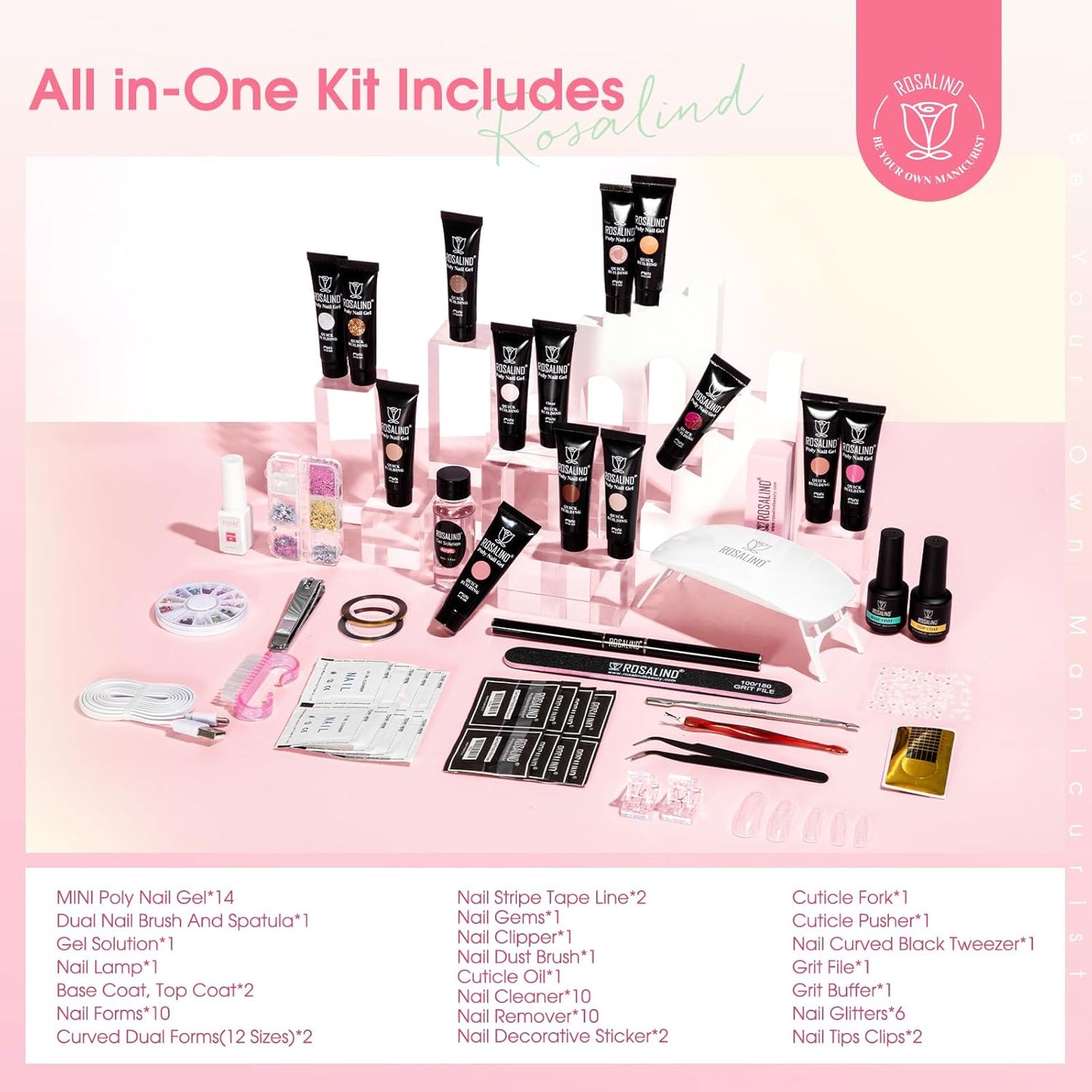 ROSALIND 14 Colors Poly Nail Gel Kit with Mini Nail Lamp Pink Brown Poly Nails Gel Kit Starter Kit With Slip Solution Kit Pink Extensions Gelfor Nail Manicure Beginner