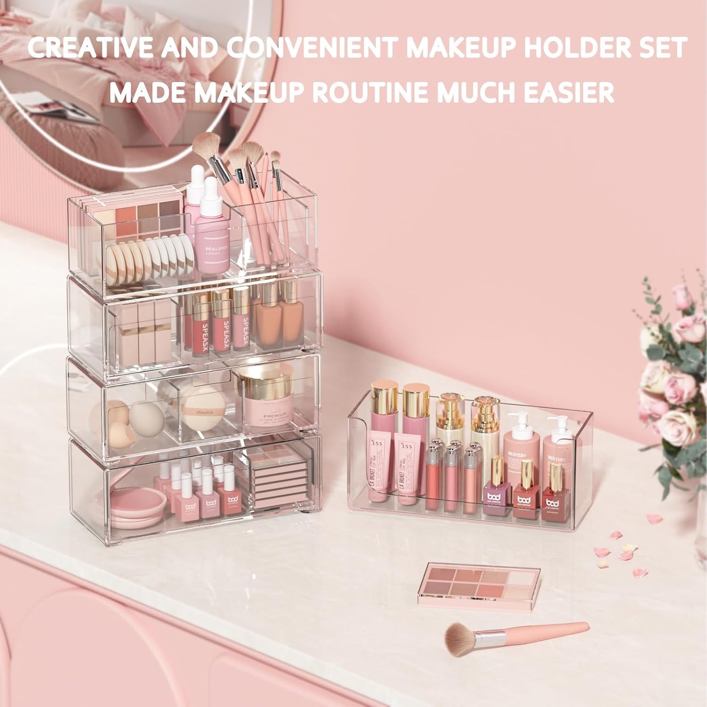 Stackable Storage Drawers Clear Plastic Storage Bins Bathroom Drawer Organizer Medicine Cabinet Organizer Makeup Organizers w Removable Divider Home Workspace Office Desktop Vanity Gift Idea 2Pack