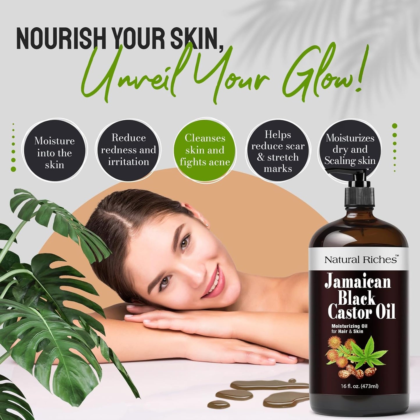 Natural Riches Jamaican Black Castor Oil Glass Bottle Pure Organic Cold Pressed for Hair Growth Skin Care for Dry Skin Conditioning Eyebrows Eyelashes Scalp and Nail Moisturizes & Repairs 16fl.oz.
