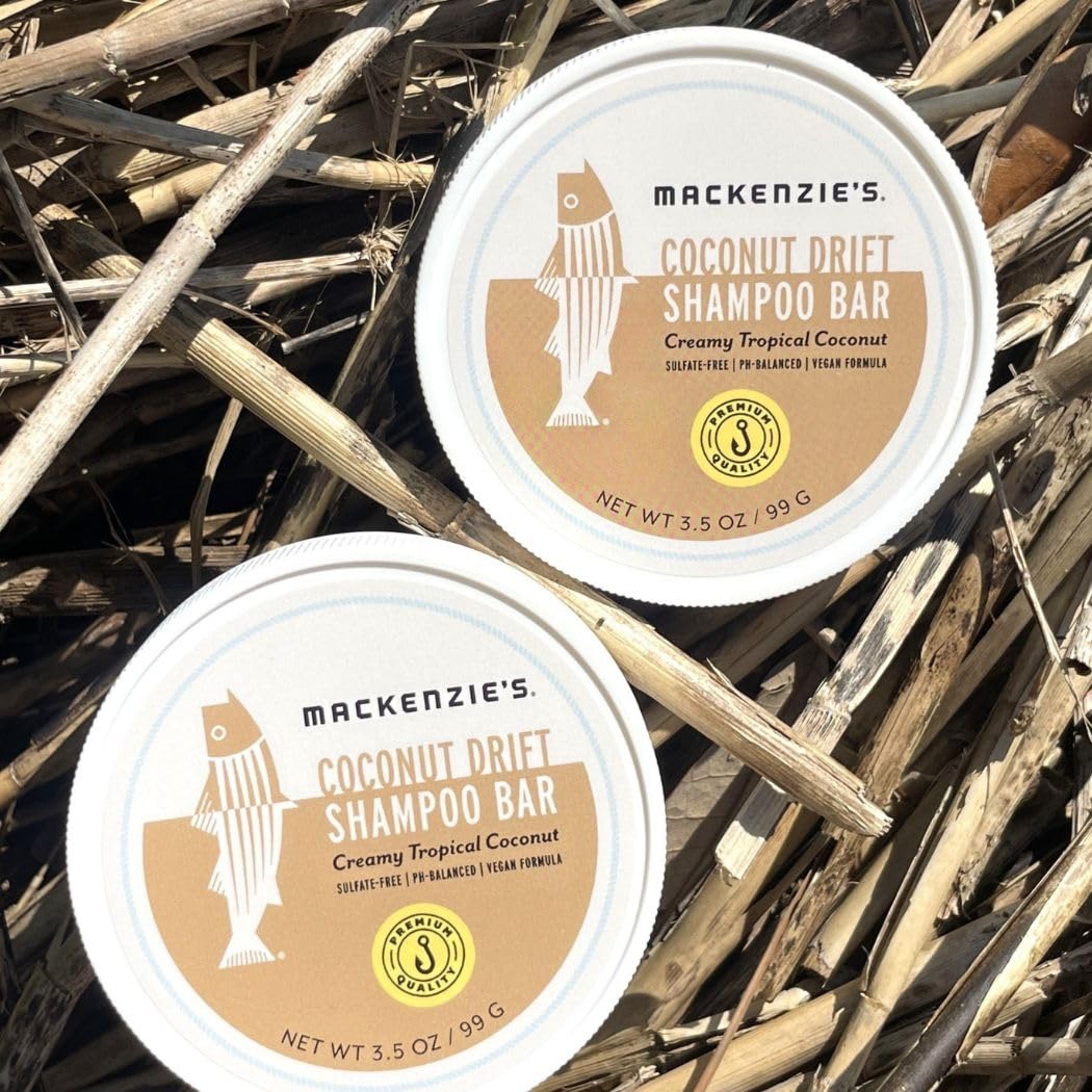 MACKENZIE'S Coconut Drift Shampoo Bar - Gifts for Fishermen - Vegan - Sulfate-Free - Eco Friendly - Zero Waste - Reusable Packaging with Travel Container - 3.5 OZ