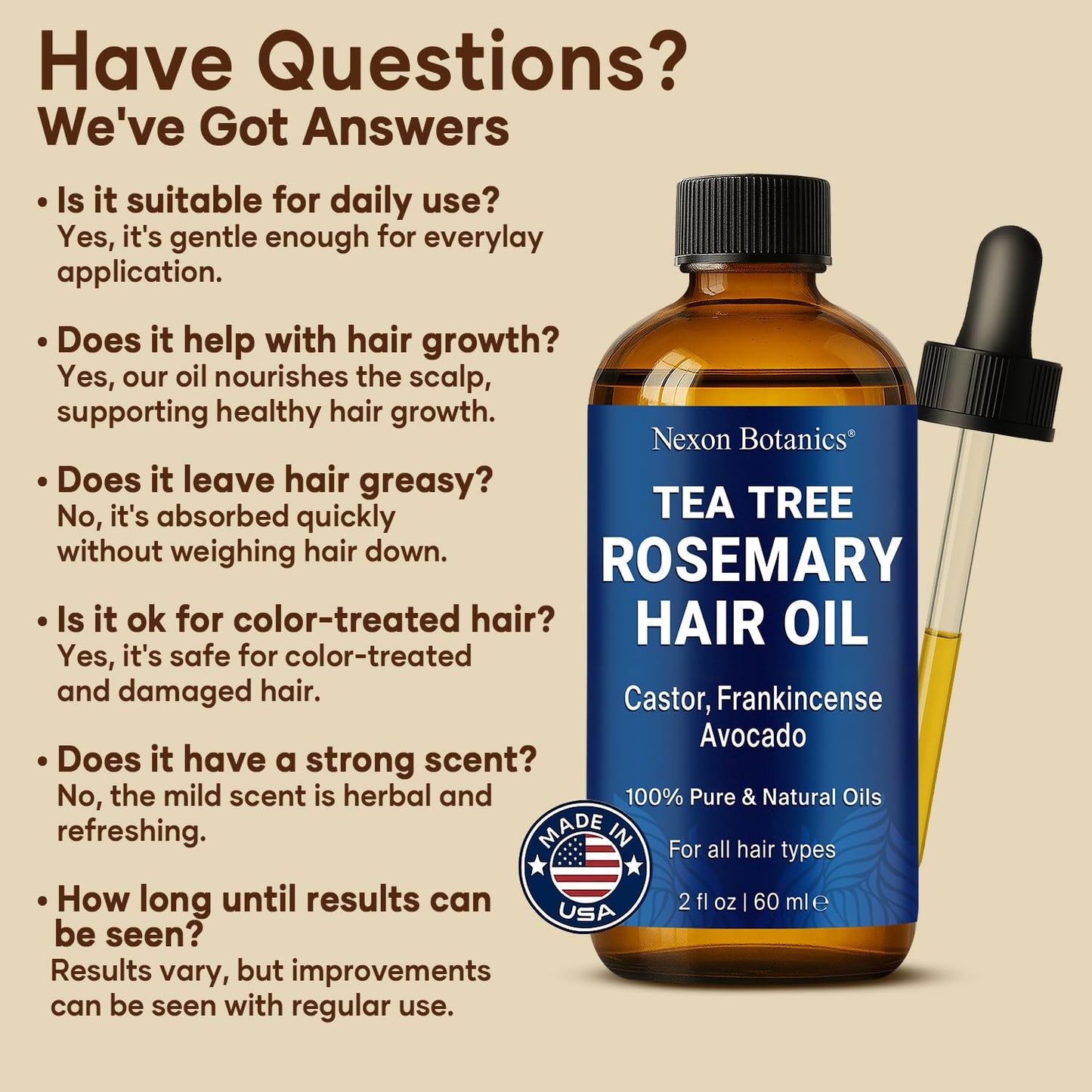 Tea Tree Rosemary Oil for Hair Growth 2 fl oz - Scalp Treatment with Castor, Frankincense & Avocado Oils - For Dry, Damaged Hair - Nexon Botanics