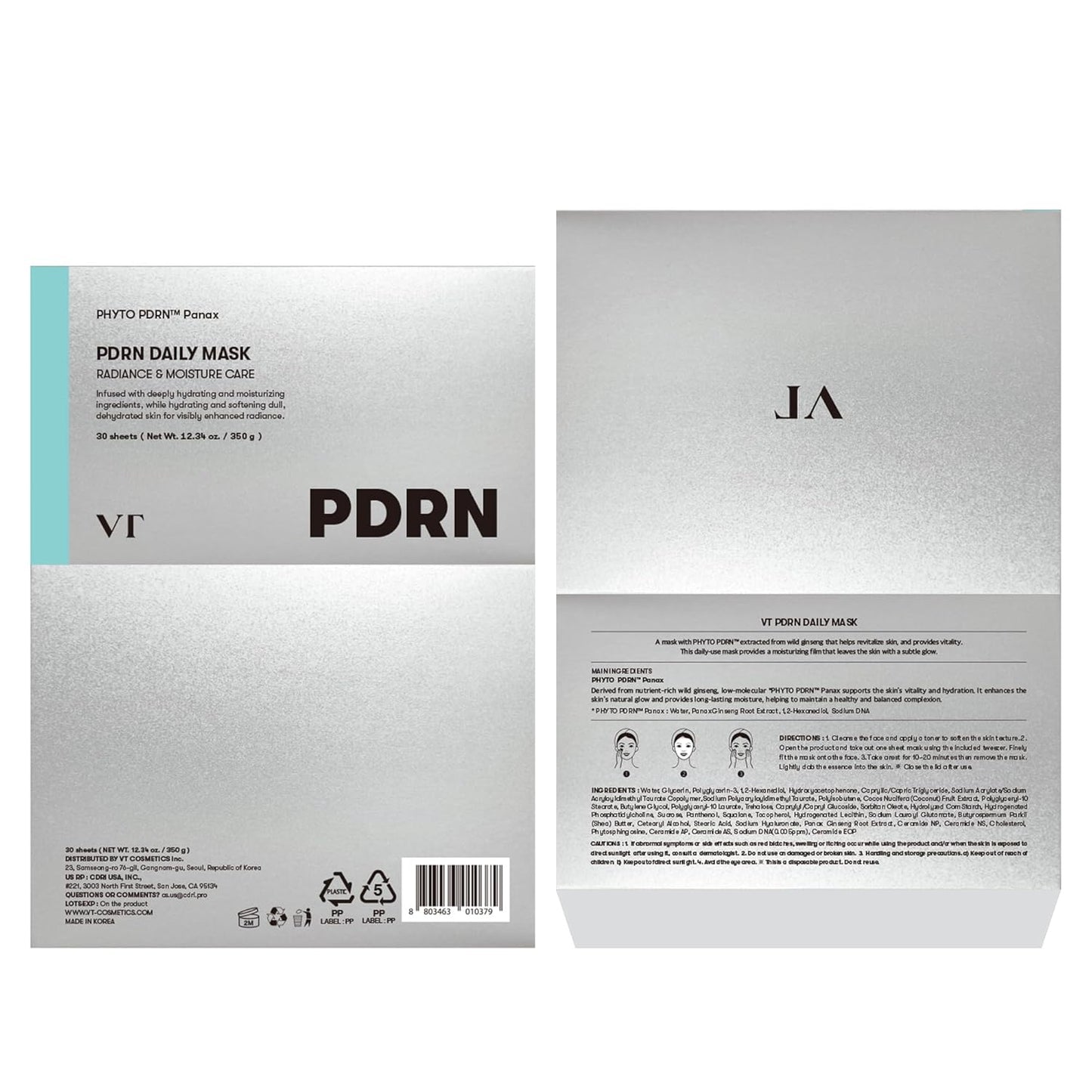 VT COSMETICS PDRN Daily Mask 30 Sheets, Vegan PDRN for Skin Restoration & Radiance, Hydrating & Moisturizing, Anti-Aging, Plumping Effect, Korean Face Mask (350g)