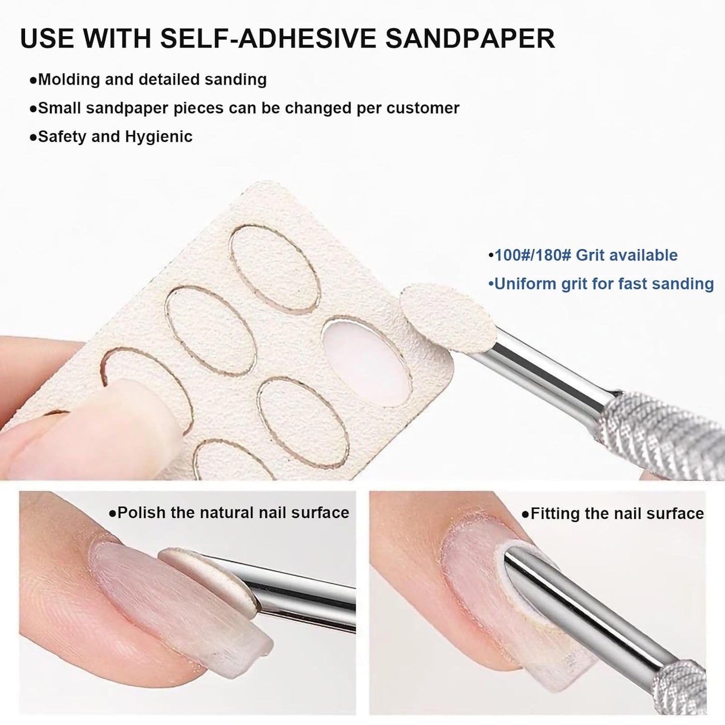 Pre-treatment Cuticle Pusher, Russian Prep Nail Pushers, Dual Ended Cuticle Remover with 100/180 Grit Sandpaper Sheets, Nail Care for Manicure Pedicure Nail Art