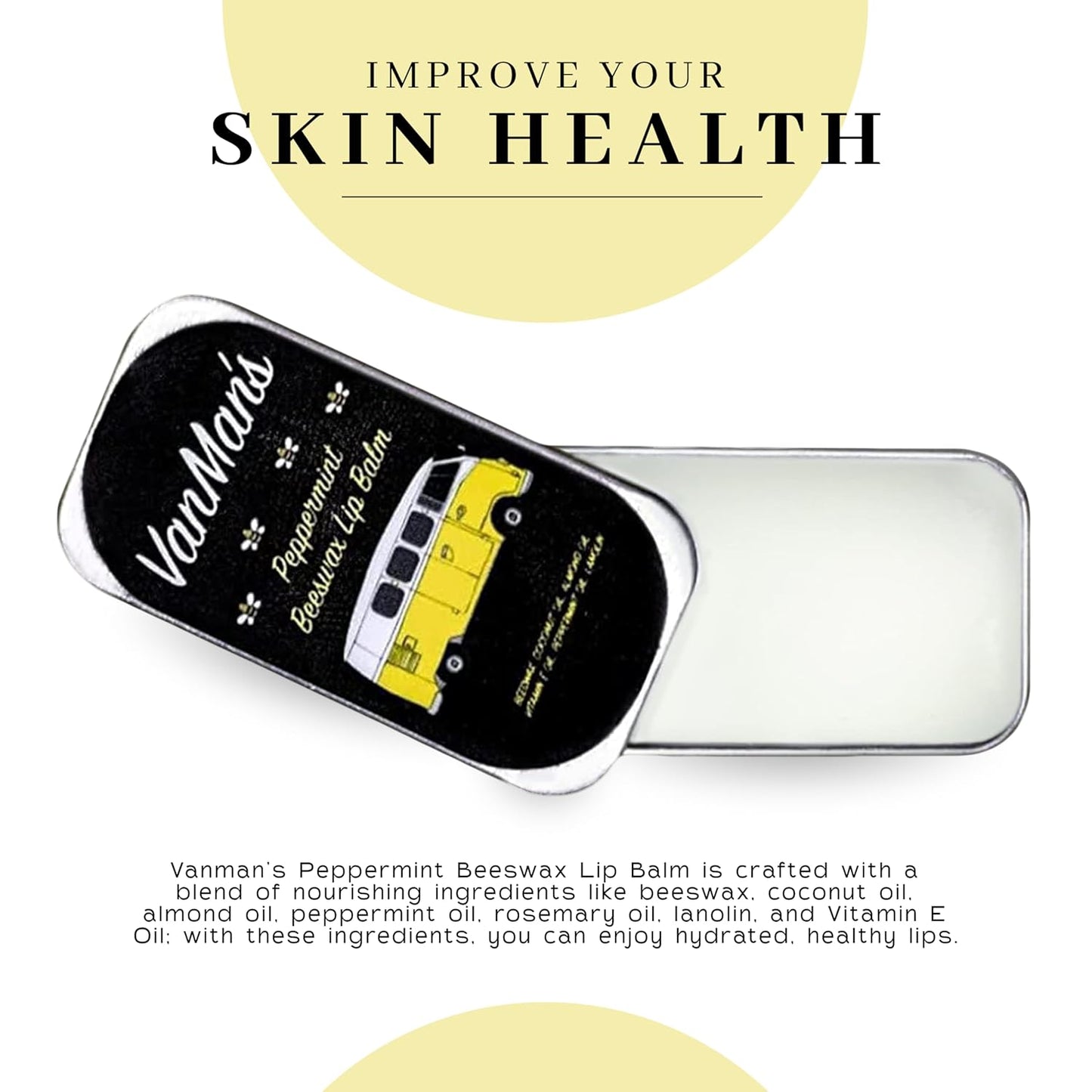 Vanman’s - Handmade Peppermint Beeswax Lip Balm (6 Pack) - Peppermint Lip Balm with Rosemary, Almond and Coconut Oil - Bee Balm with Vitamin E - Peppermint Balm Ideal for Dry Lips