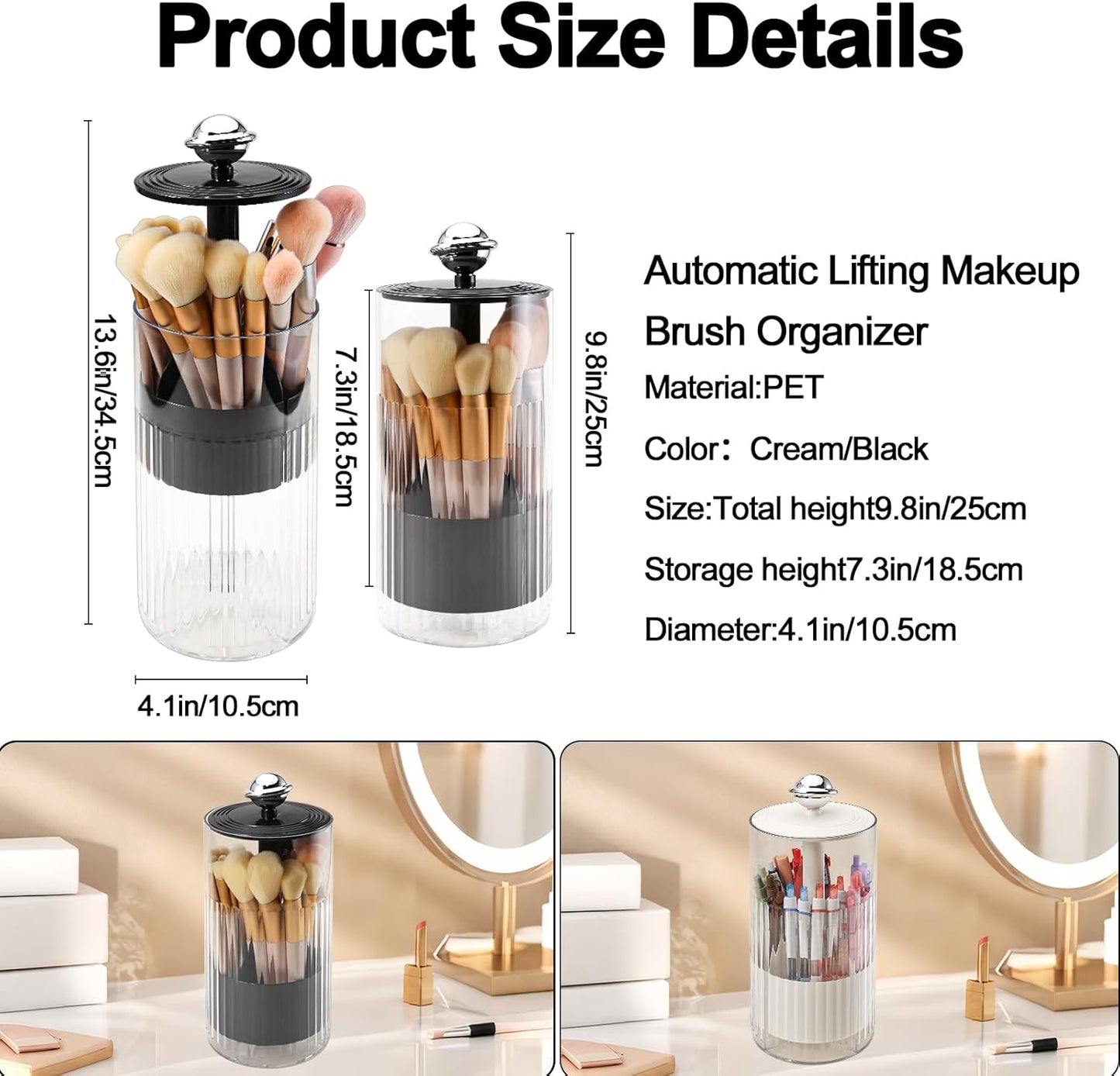 DASITON Makeup Brush Holder with Lid, Automatic Lifting Makeup Organizer for Vanity, 4 Slots Clear Makeup Brush Organizer, Dustproof Cosmetic Brushes Storage for Bathroom, Desktop, Office (Black)