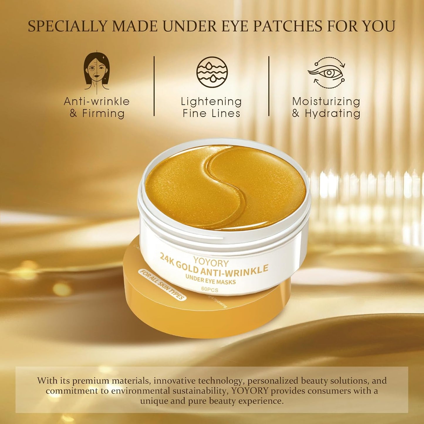 Under Eye Patches Masks - 24K Gold Eye Patch for Dark Circles & Puffy Eyesg,Fine Lines,Eye Bags Collagen Infused with Hyaluronic Acid Wrinkle Smoothing, Hydration & Firming Care (30 Pairs) Gold