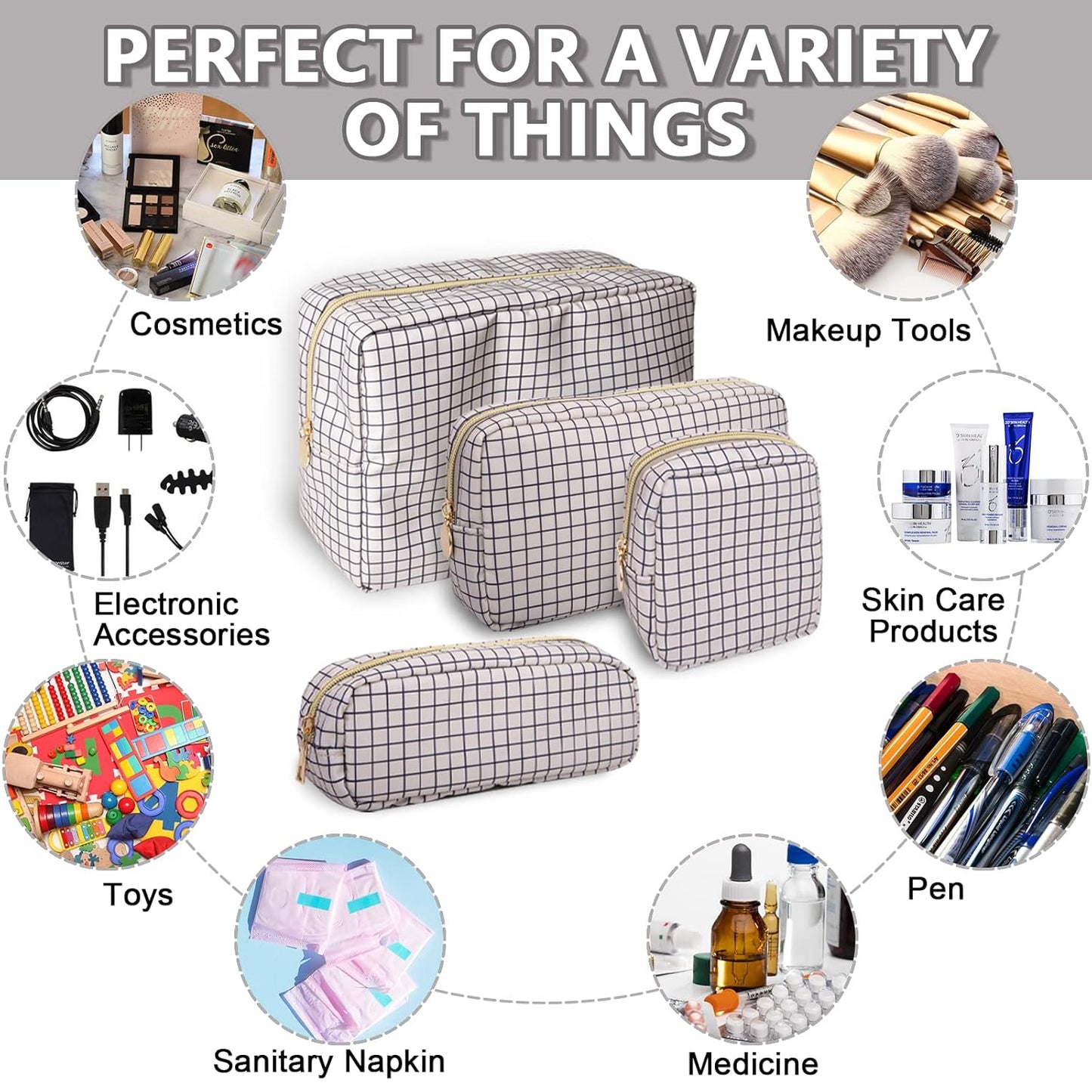 Small Makeup Bag Pouch for Purse,Nylon Travel Toiletry Storage Bag Preppy Checkered Cosmetic Bag for Women Girls,Waterproof Makeup Organizer Bag Pouch Skincare Bag with Zipper (Small-Checkered)