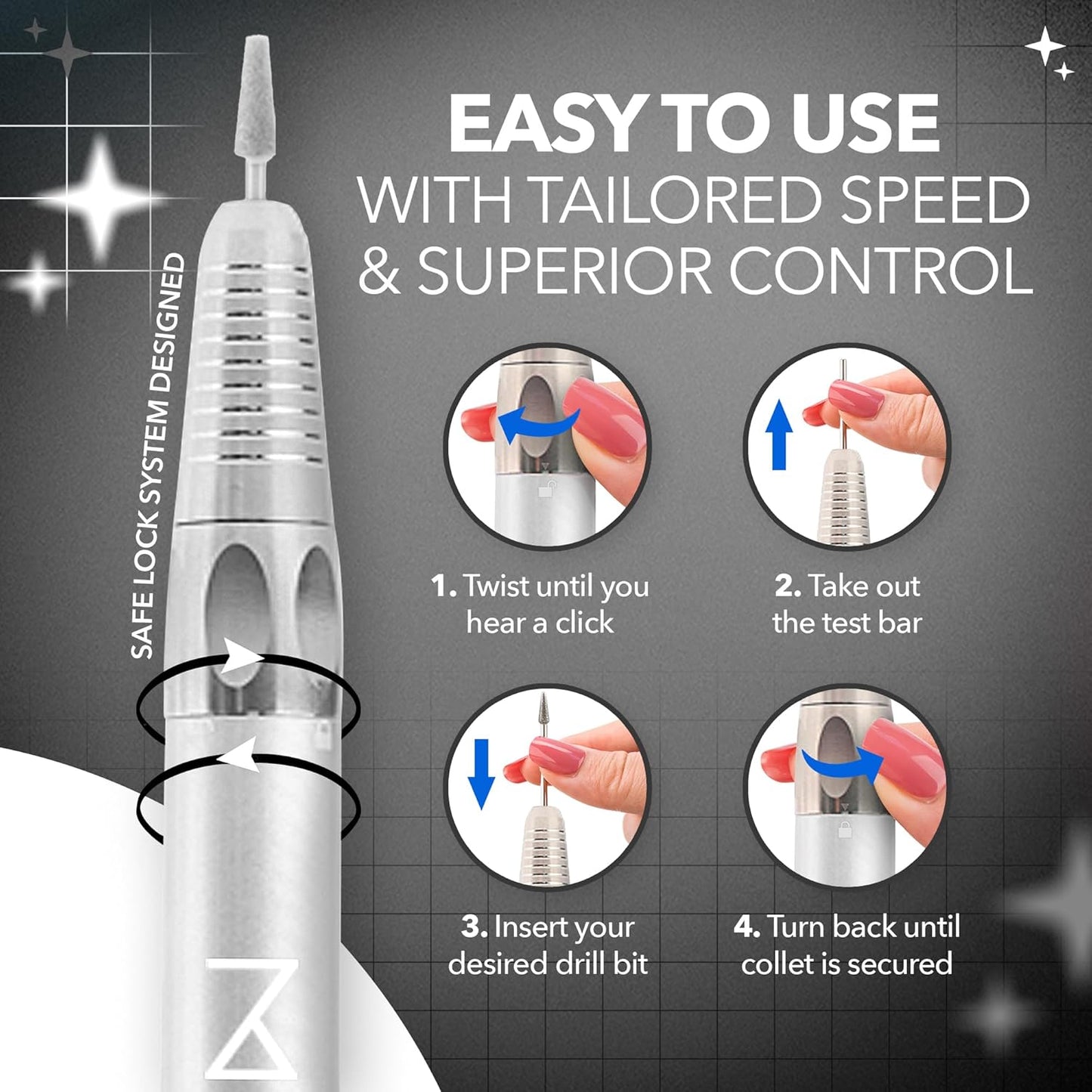 M Max - Nail Drill Professional - 2-in-1 Brushless Motor Nails Drill Machine - Electric, Cordless, Aluminium Alloy Casing, 35000 RPM, HD Display - Perfect for Salon & Home Use (White)