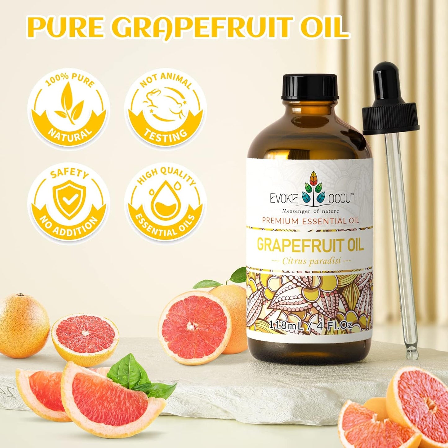 EVOKE OCCU 100% Pure Grapefruit Essential Oil for Diffuser, Aromatherapy, Skin - 4 Fl Oz