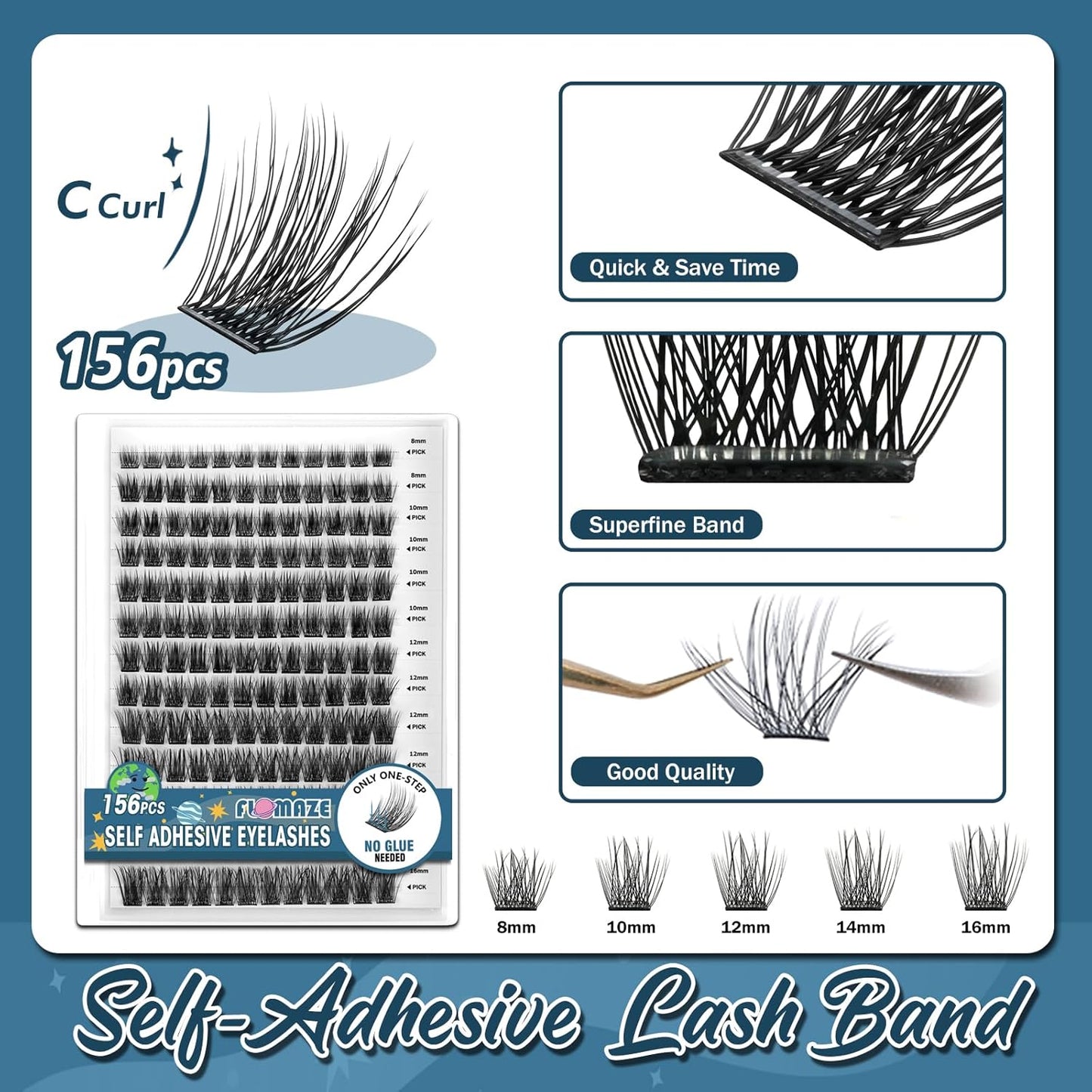 Self Adhesive Eyelashes, 156 PCS Self Adhesive Eyelash Clusters, No Glue Needed, Glue Strips Individual Lash Extension Super Sticky Reusable False Lashes (Fluffy-Mixed)