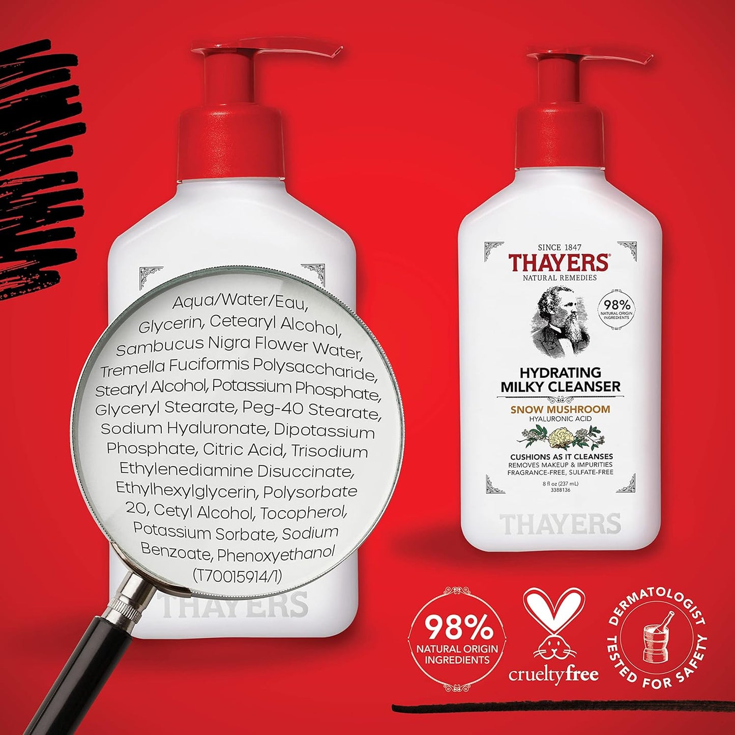 THAYERS Milky Hydrating Face Cleanser with Snow Mushroom, Hyaluronic Acid, Dermatologist Recommended Gentle Facial Wash, Hydrating Skincare for Dry, Sensitive Skin, Paraben Free, 8 FL Oz, Clear