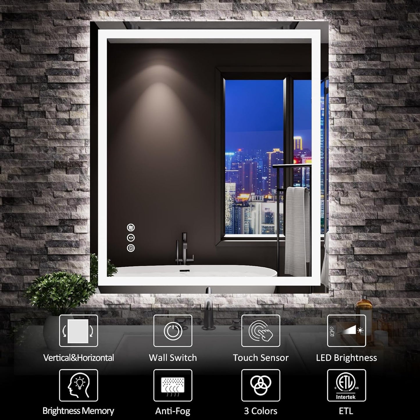 Amorho LED Mirror for Bathroom 28"x 32" with Front Light and Backlit, Stepless Dimmable, Shatter-Proof, Memory, 3 Colors, Wall Mount (Horizontal/Vertical)