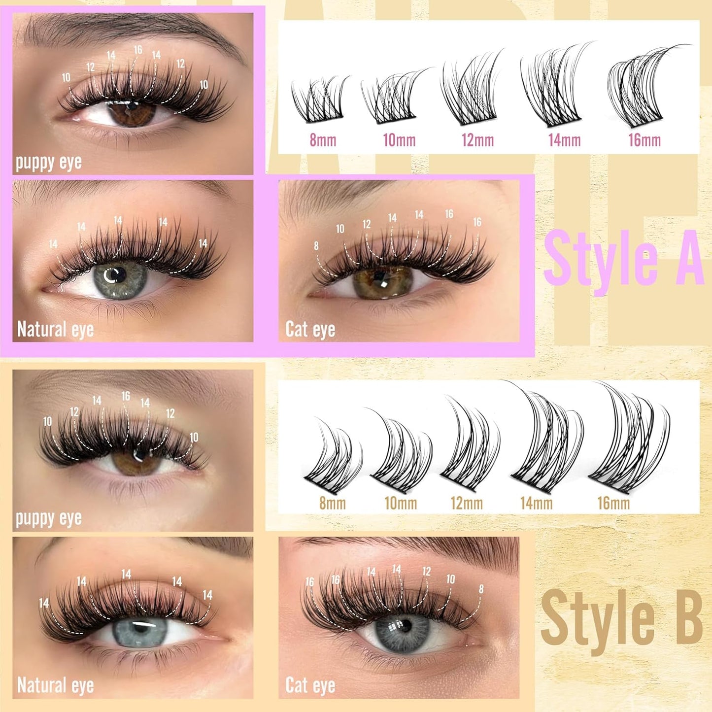 Ruairie Lash Clusters Kit Natural Lash Extension Kit 4 Styles Wispy Eyelash Extension Kit D-Curly Eyelash Clusters Kit 156pcs Cluster Eyelash Extensions Kit with Bottom Lash Clusters