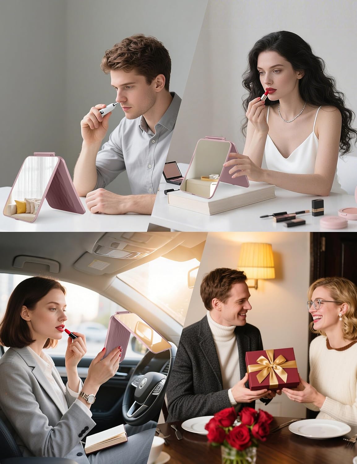 Travel Makeup Mirror with 1X/10X Magnifying, Portable Folding Make Up Tabletop Mirror for Office, Compact Vanity Mirror for Travel (Rose Pink, No LED Lights)