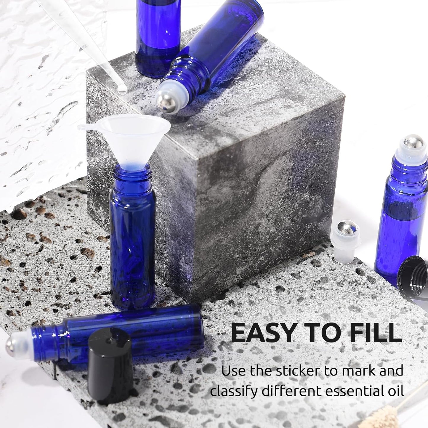 10ml Roller Bottles for Essential Oils, 4 Pack Glass Roll on Bottles Stainless Steel, Opener, Pipettes, Funnel, Stickers, Refillable Container for Perfume